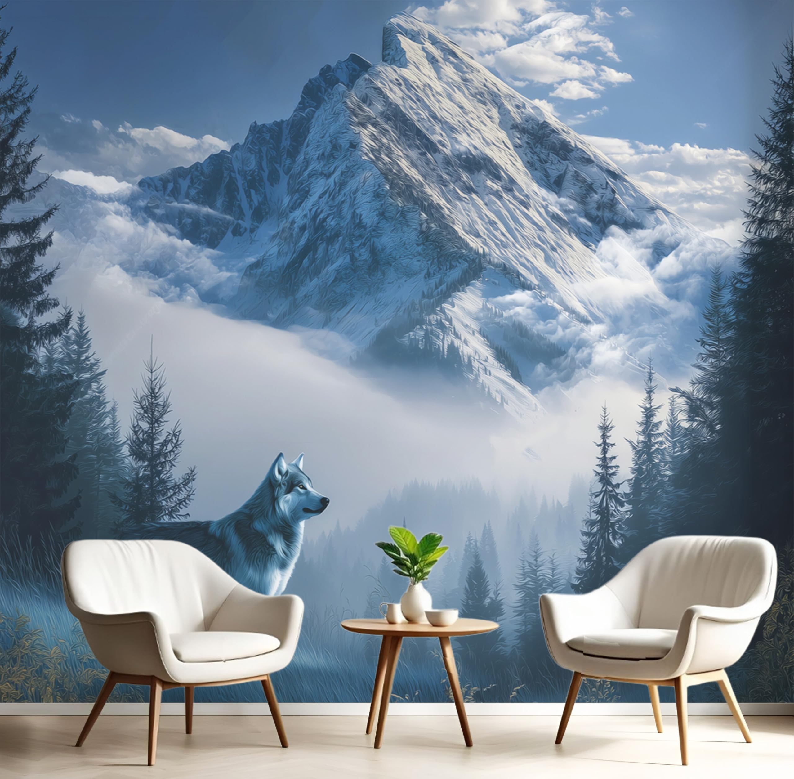 Papier peint panoramique loup blanc au motif animalier naturel et epure de 150x105 cm