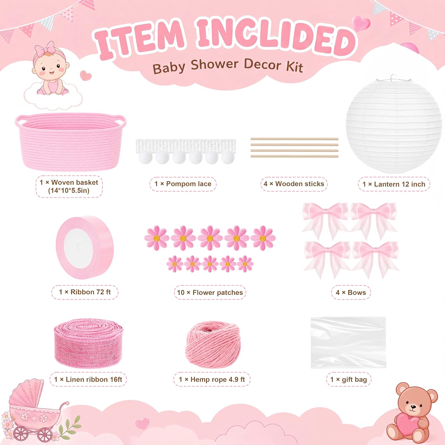 Colingmill Baby Shower Gift Basket Empty with Ribbon Lantern, Storage Basket with Gift Bag for Personalized DIY Baby Shower Welcome Newborn Gifts(Pink)