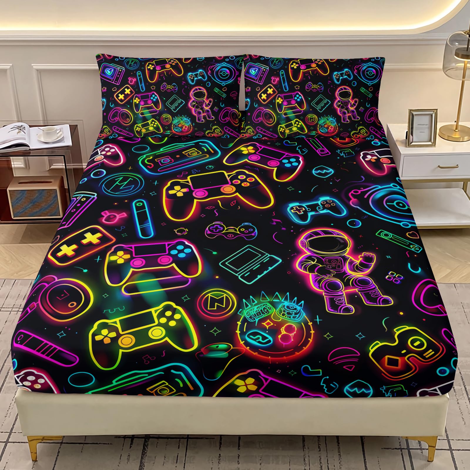 AILONEN Gamepad Fitted Sheet Set Twin XL Size,Modern Neon Gamer Gaming Bedding Set for Kids Teens Boys,3Pcs Video Game Graffiti Controller Bed Sheet + 2 Pillowcases