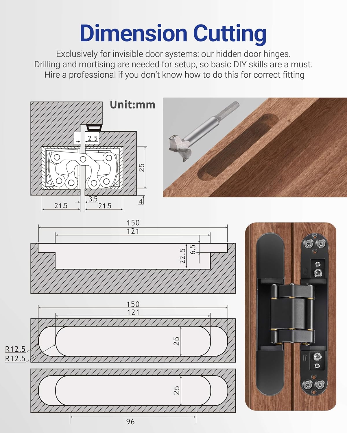 Upgraded Hidden Door Hinges Invisible Hinges, 6" Zinc Alloy Concealed Hinge Silent Invisible Door 3 Way Adjustable & 180° Swing Butt Hinge Black（Pack of 2）(Fits Only Doors Over 35mm Thickness)