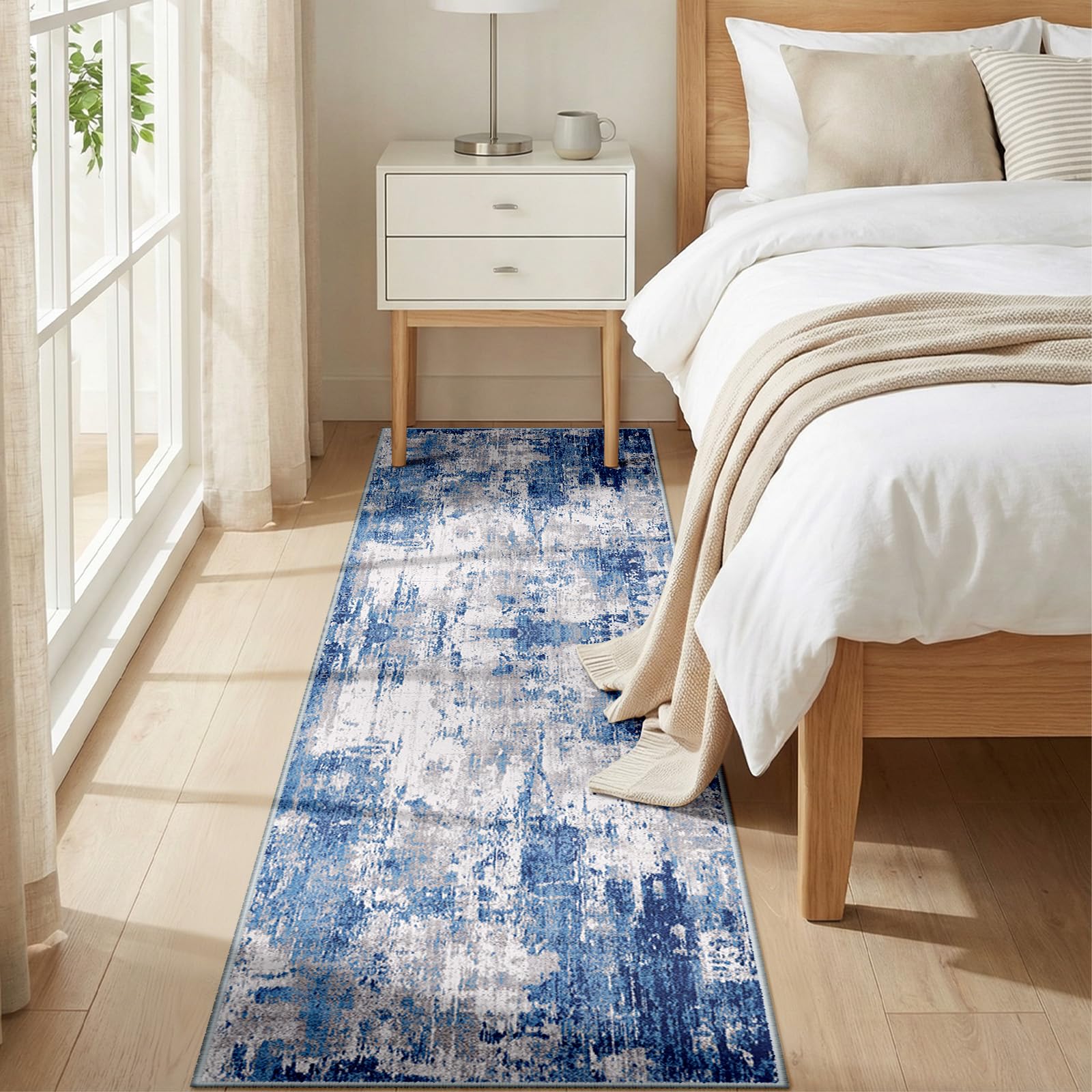 Alfombra Pasillo 60 x 240 cm, Antideslizante, Alfombra Pasillo de Pelo Corto para Cocina, Lavable, Plegable, Diseño Abstracto para Entrada, Cocina, Salón y Oficina, Gris Azulado