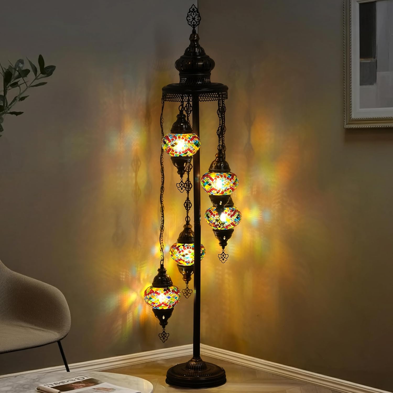 Mozaist Turkish Mosaic Floor Lamp with Bulbs – Handmade Multi Globe Moroccan Standing Lamp, Authentic Stained Glass Light, Bohemian Home Decor (Multicolor, 5 Globe Floor Lamp)
