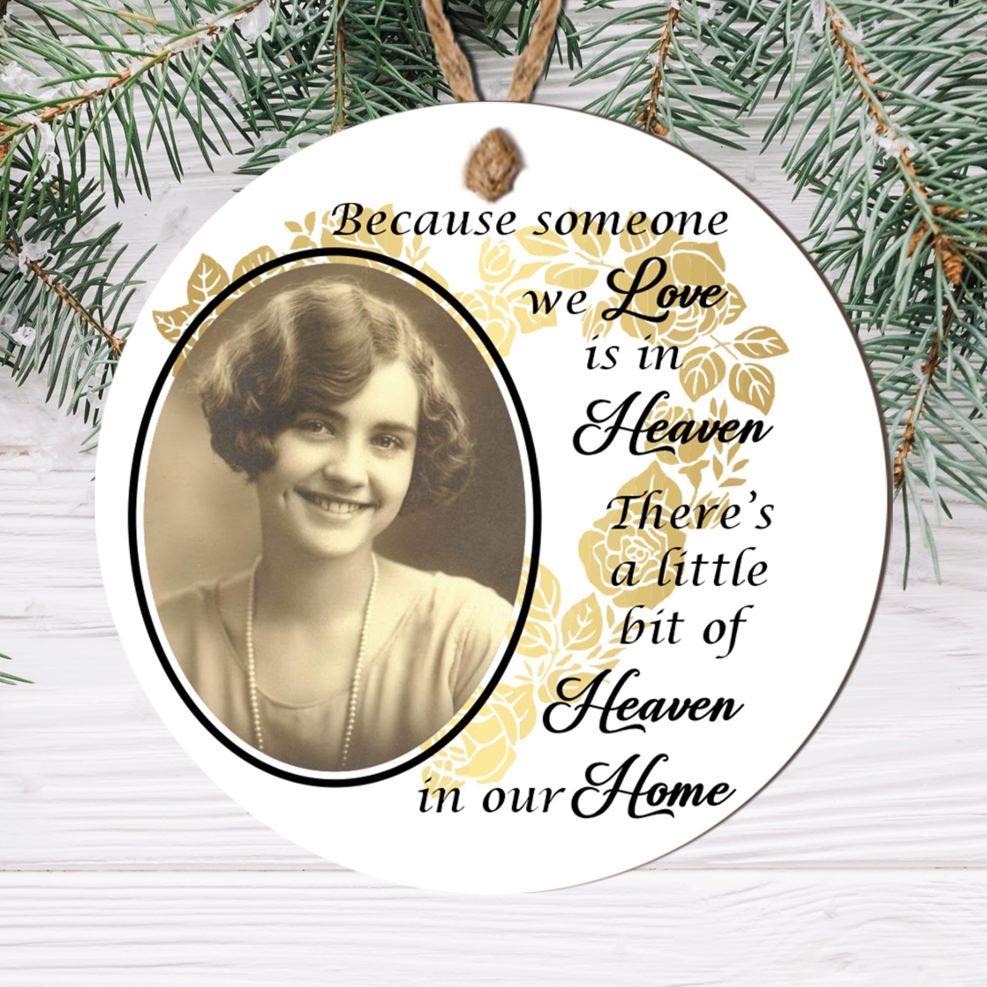 Personalised Memorial Photo Christmas Bauble - In Loving Memory Customised Bauble with Photo - Memory Keepsake (Because Someone We Love, Mdf Wood Indoor Use Only 9cm x 9cm) — image 1