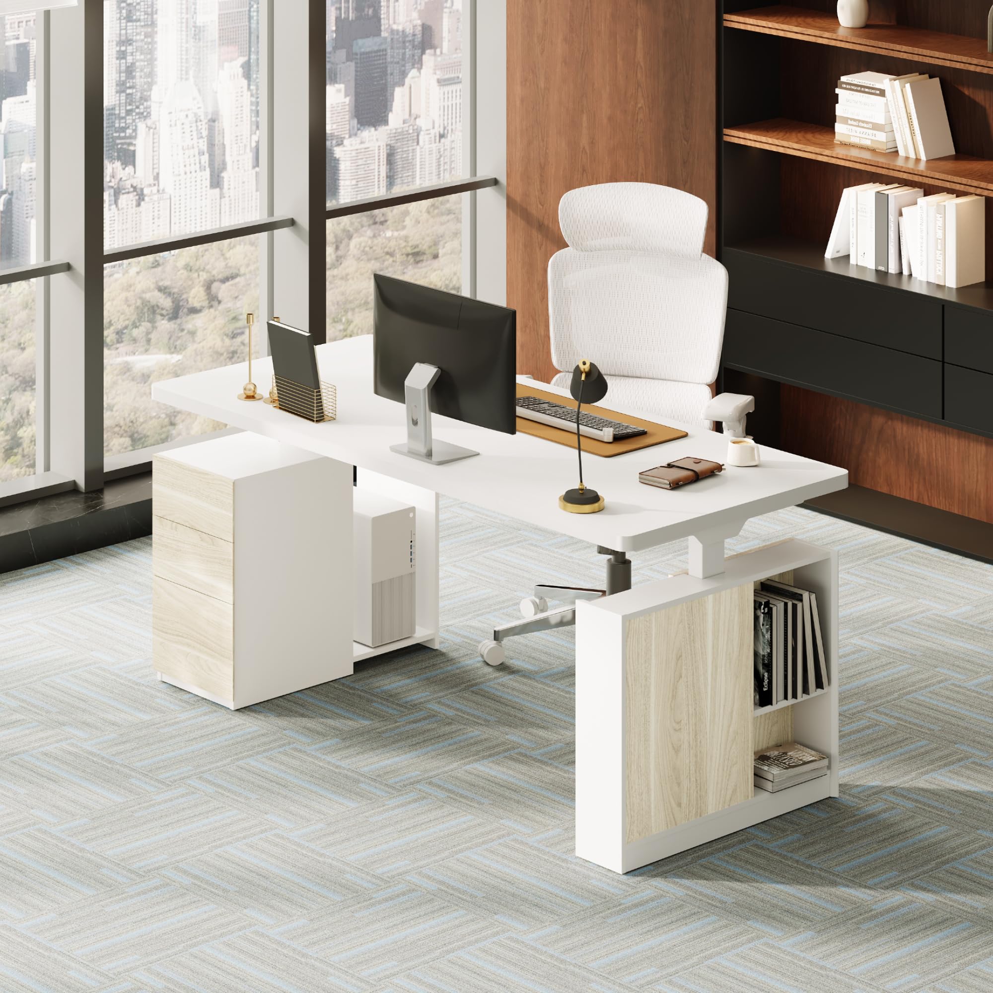 FLEXISPOT Escritorio Elevable Eléctrico 160x80cm con Cajón Lateral Modular, Compartimentos, Cajones y Soporte Fijo para PC, Altura Regulable, Estilo Ejecutivo para Oficina y Estudio Profesional Blanco