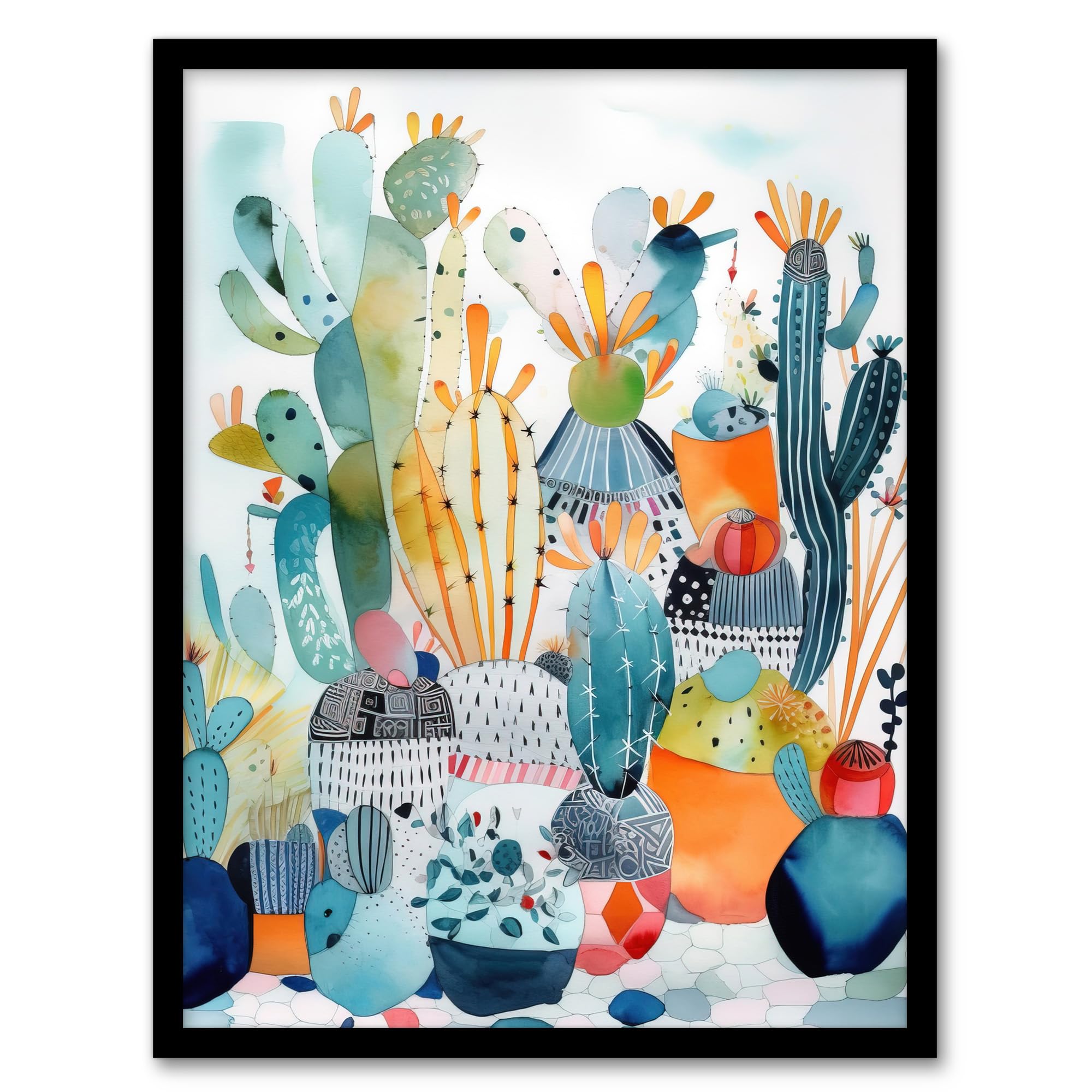 Wee Blue Coo Abstract Cacti Garden Watercolour Artwork Cactus Plant Pots Colourful Folk Art Artwork Framed Wall Art Print A4