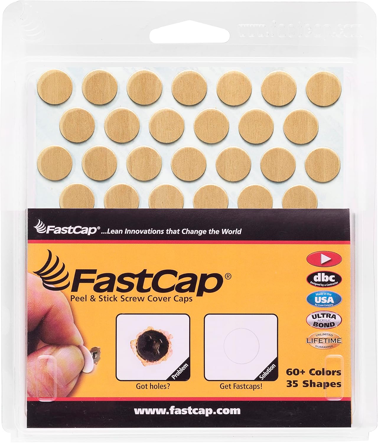 FastCap - Screw Hole Covers, 9/16" (14mm) Round Stickers - Ideal for Professional Woodworking, Furniture, and Cabinetry Projects - One Sheet of 52 Caps - Unfinished Real Wood, Color - Natural Birch