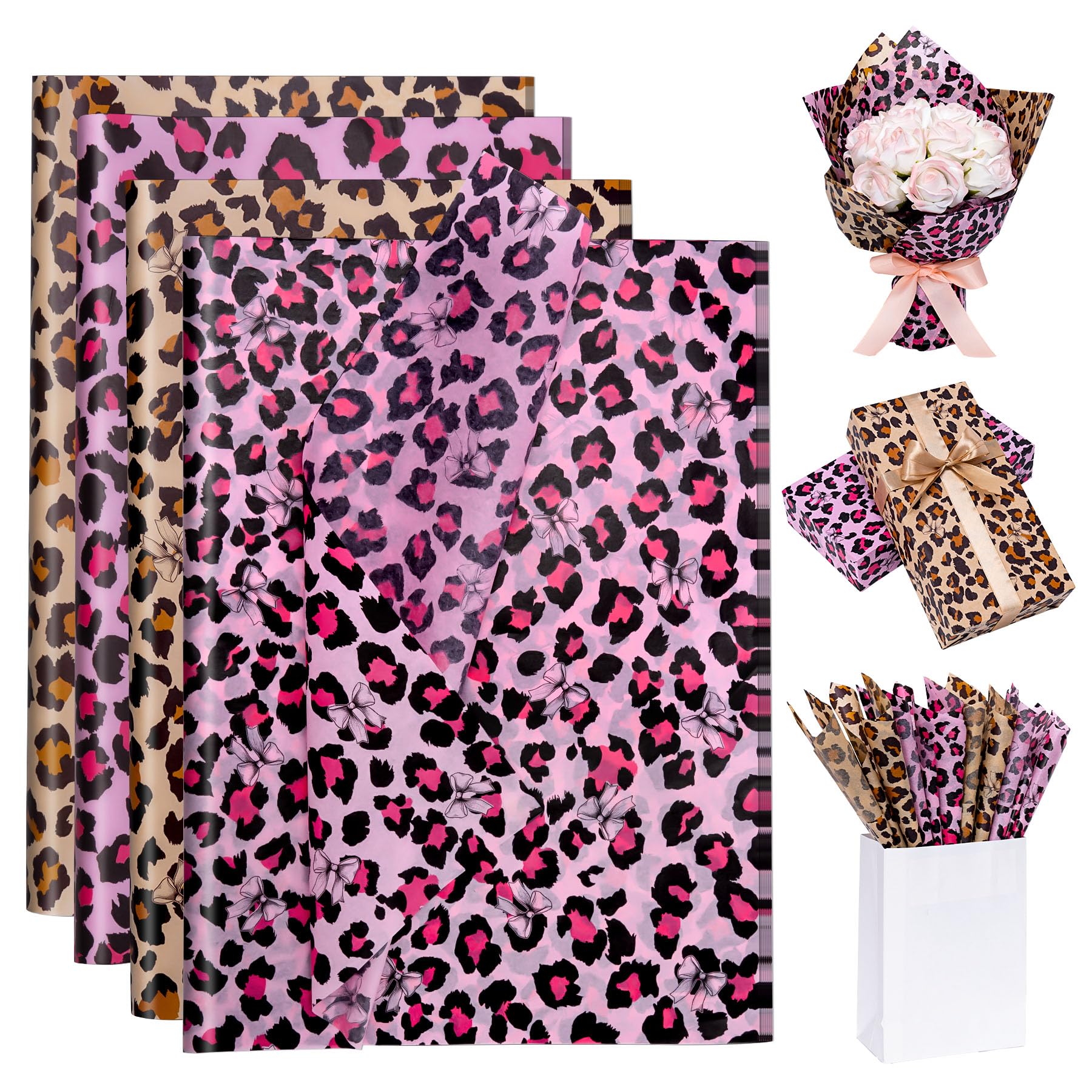 Toptime 100pcs Leopard Print Tissue Paper, Brown Pink Tissue Paper Sheets for Packaging, Gift Bags and Bouquet, Cheetah Pattern Craft Papers with Bow for Wedding, Brithday, Holiday, Party (50x35cm)