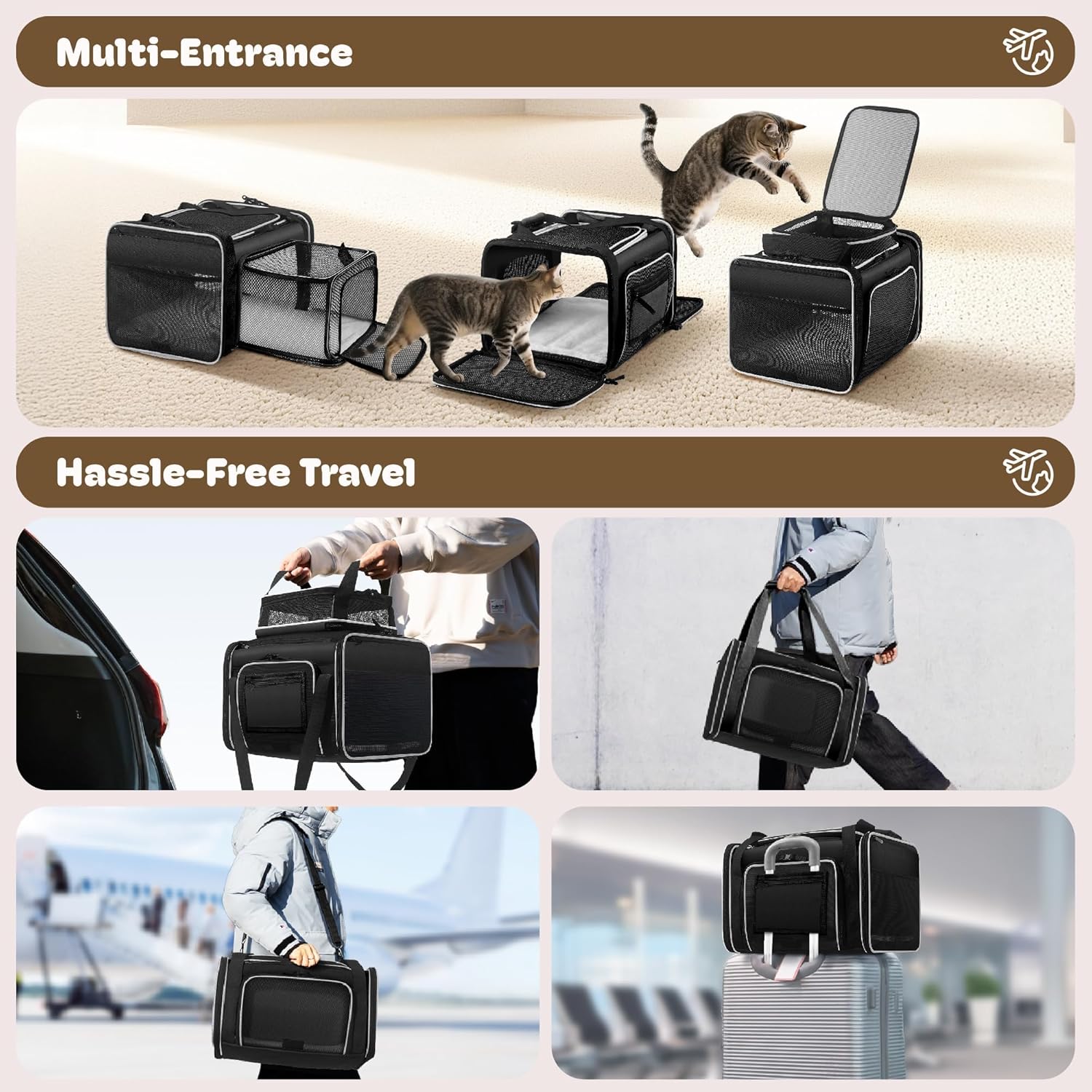 Top and 2 Sides Expandable Cat Carrier 18x11x11, TSA Airline Approved Dog Carriers for Small Dogs, Soft-Sided Pet Carrier with Self-Locking Zippers for Kitten,Rabbit, Puppy, Guinea Pig Black White