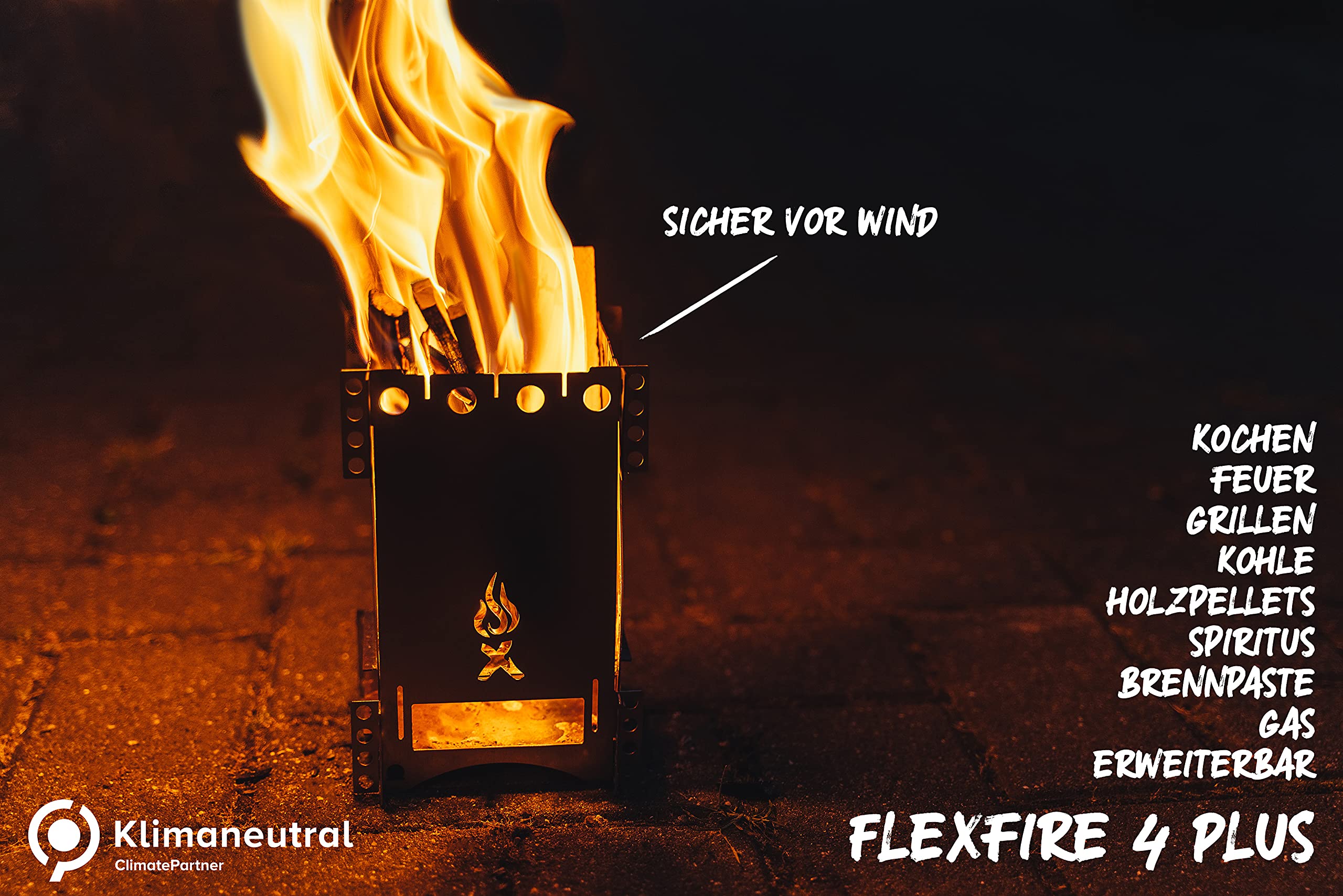 Hobo Kocher FlexFire 4 Plus mobiler Camping Ofen, Made in Germany, Outdoor Kocher Grill für Bushcraft Angeln Wandern Reisen Familien V4A Edelstahl Premium Esbit Trangia Gas Kocher für Jedermann