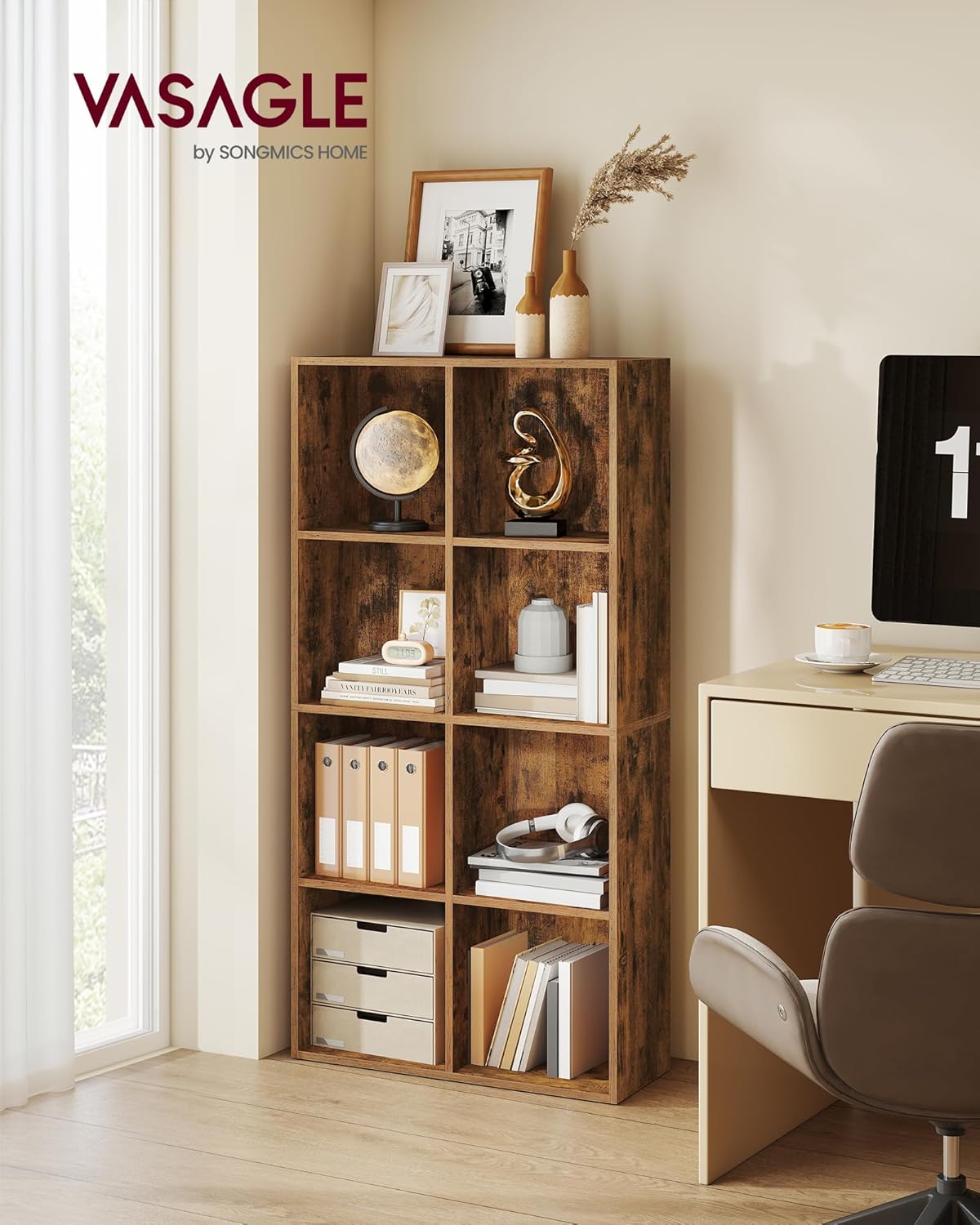 VASAGLE Custos Collection - Bookshelf, Bookcase, Cube Shelf with 8 Compartments, 9.4 x 25.8 x 51 Inches, Storage Shelf, for Living Room, Home Office, Dining Room, Rustic Brown ULBC424K01 - Image 2