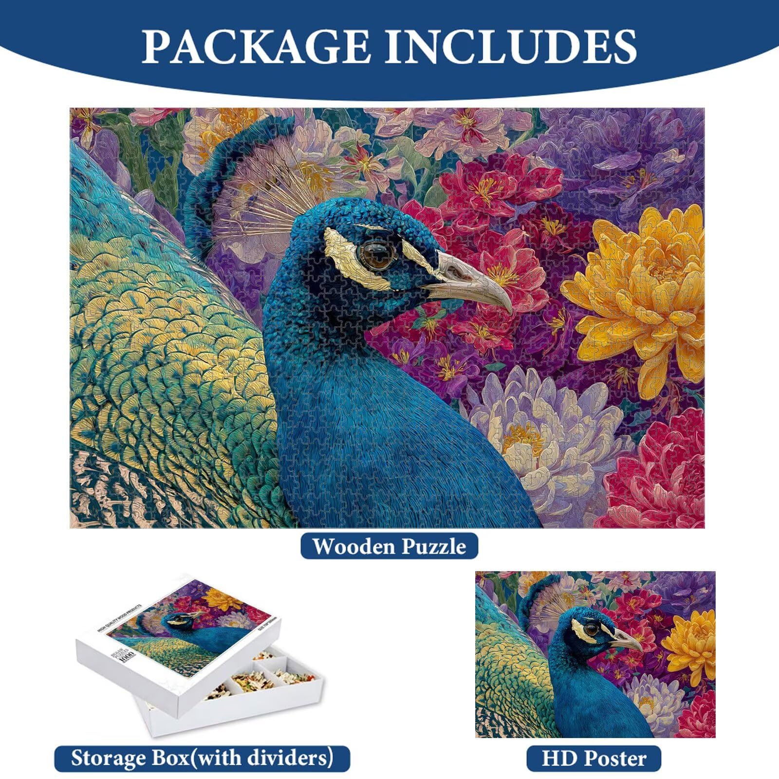 1000 Teile Puzzle für Erwachsene, Pfau & Blume, Robustes Holz Puzzle 1T#62