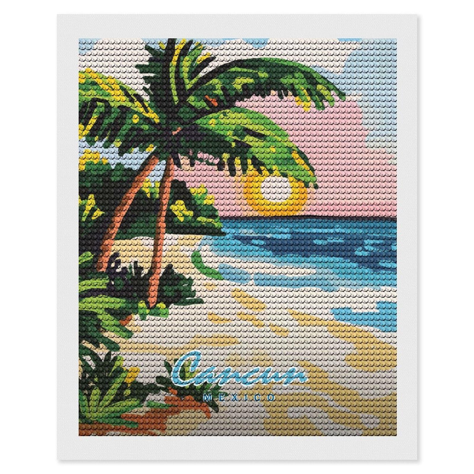 Junmoney Cancun Beach Sunset Diamond Painting Kit 16"x20", Thoughtful Handmade Gift, for Creative Relaxation, Printed Canvas, Cosy Home Accent
