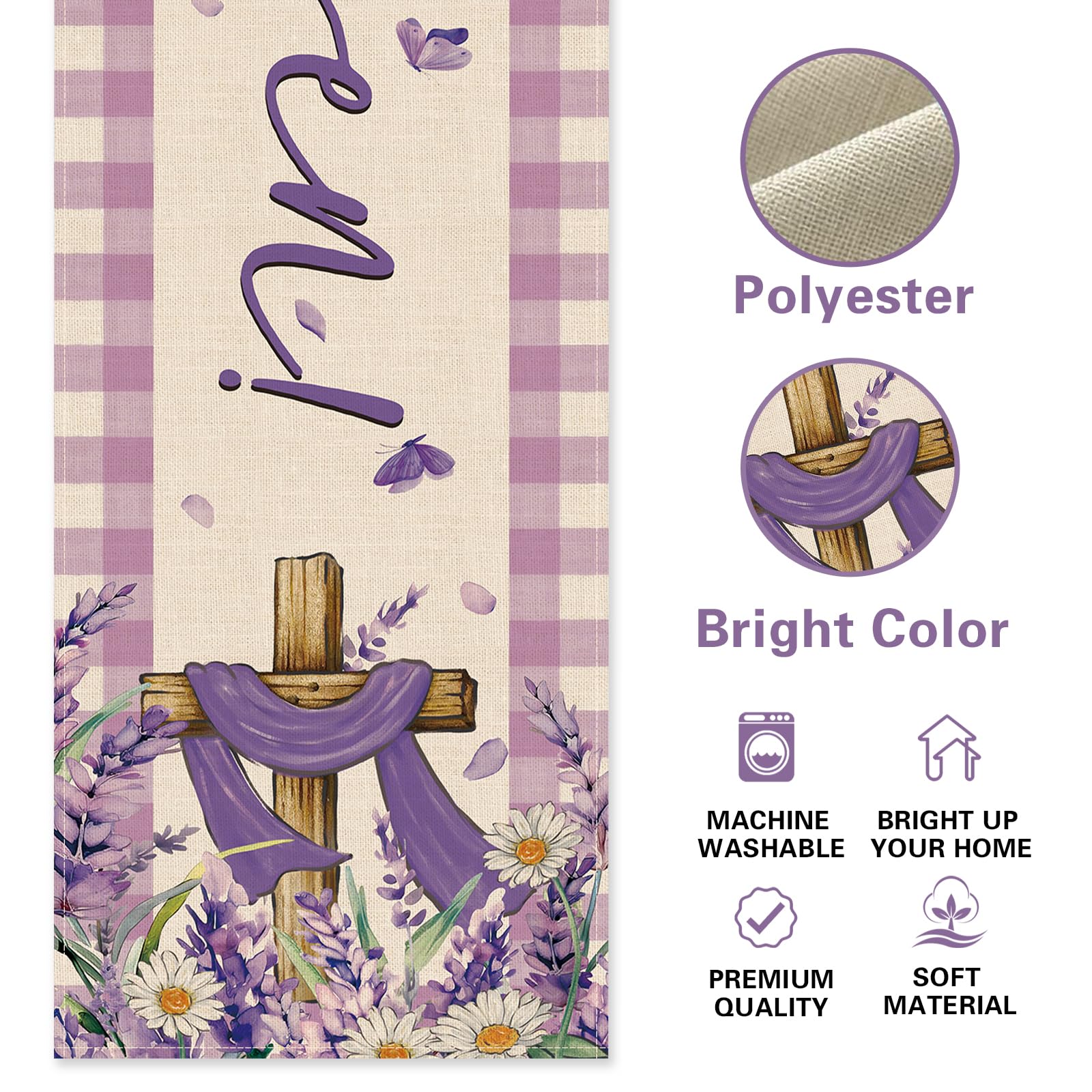 Croar He Is Risen Easter Table Runner - Purple Plaid & Lavender Daisy Design, 13x108 Inch Farmhouse Decor - View #10