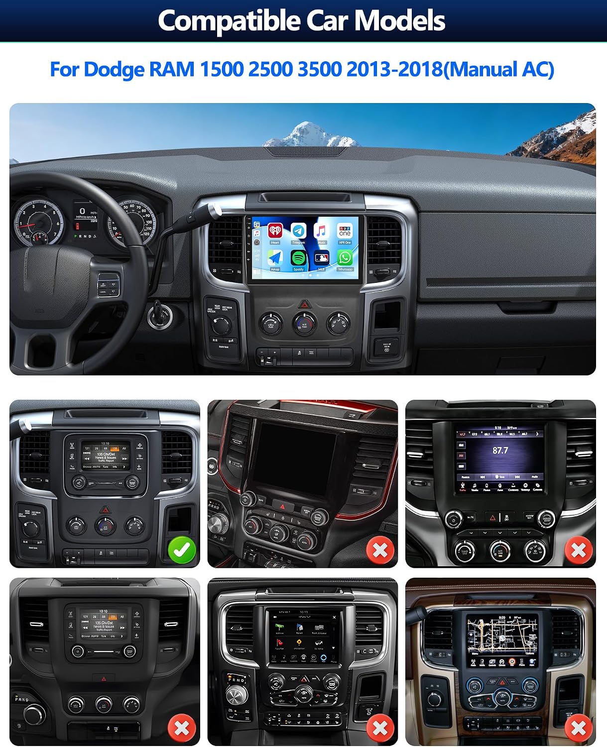 6+128G 8 Core Android 15 Car Radio Stereo for Dodge RAM 1500 2500 3500 2013-2018(Manual AC) with Wireless CarPlay Android Auto, 9'' Touchscreen with WiFi GPS Mirror Link Bluetooth FM RDS DSP EQ SWC image 2