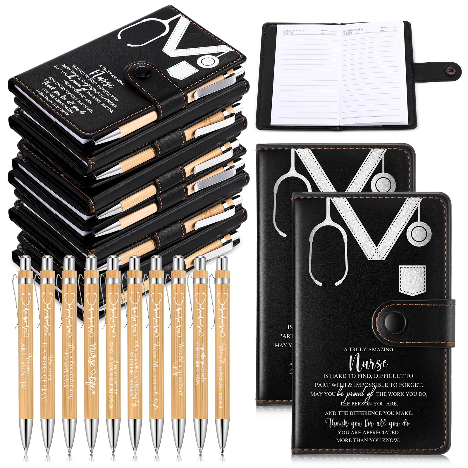 Spiareal Lot de 10 ensembles de cadeaux de rentrée scolaire pour infirmière, cadeaux de cérémonie d'épingle, 9,4 x 15,5 cm, carnet inspirant à couverture rigide avec stylo en bambou, cadeaux