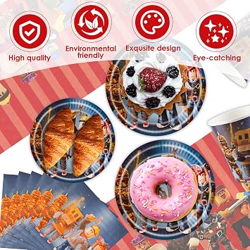 Roblo Party Tableware Set Kids Ro- Blox Birthday Decorations Boys Party Supplies with Happy Birthday Banner ParTy Plates Tablecloth Napkins for Theme ParTY Decorations