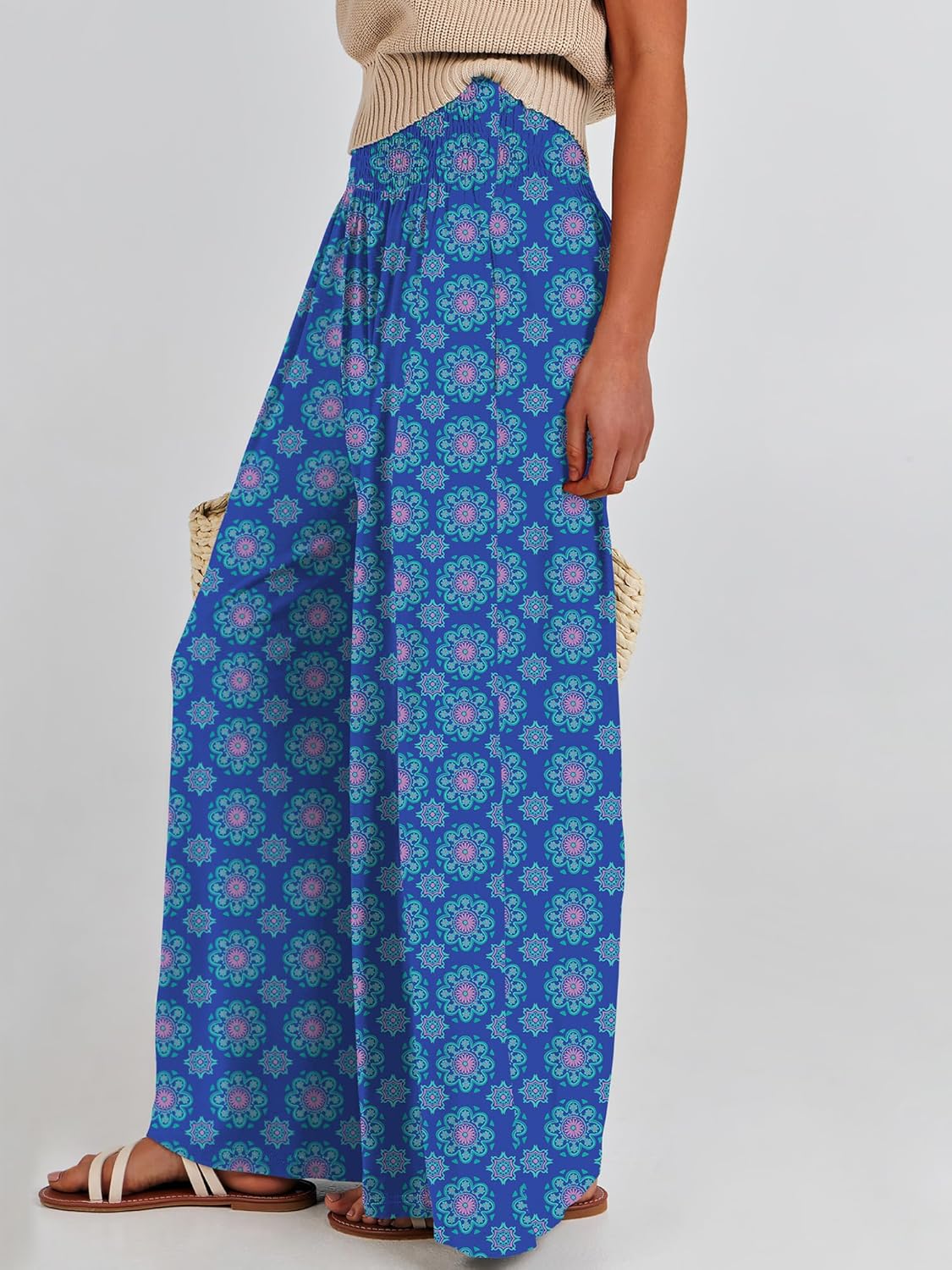 ANRABESS Women Palazzo Pants Summer Boho Bagyy Wide Leg High Smocked Waist Casual Loose Lounge Pant with Pocket - Image 2