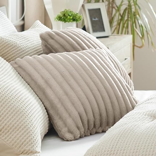 Bedsure Fleece Throw Pillow Covers 18x18 Set of 2 - Soft Striped Linen Microfiber Covers with Hidden Zipper
