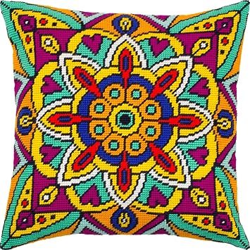 Brvsk Ornamental Embroidery Kit for Adults and Beginners Mandala 16 16 with Clear, Precise Printed Design on Cotton Canvas; Includes 2 Needles, Yarn, and Easy-Read Chart