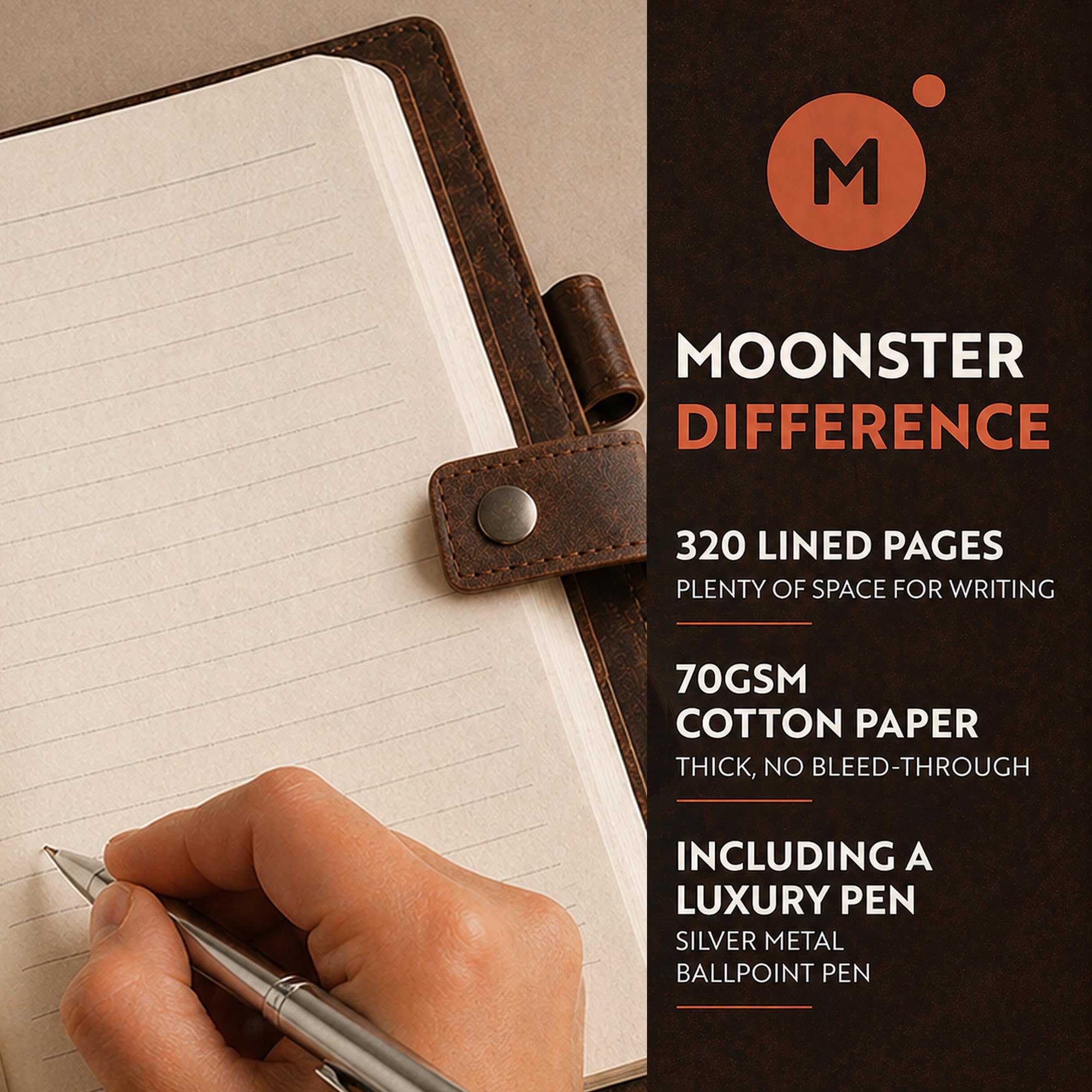 moonster Nachfüllbares Tagebuch Leder A5 – Notizbuch für Damen – Notizbuch Leder A5 - Ledereinband für Notizbücher mit Stift – Einband Liniert – Edles Notizbuch - Leather Cover Journal