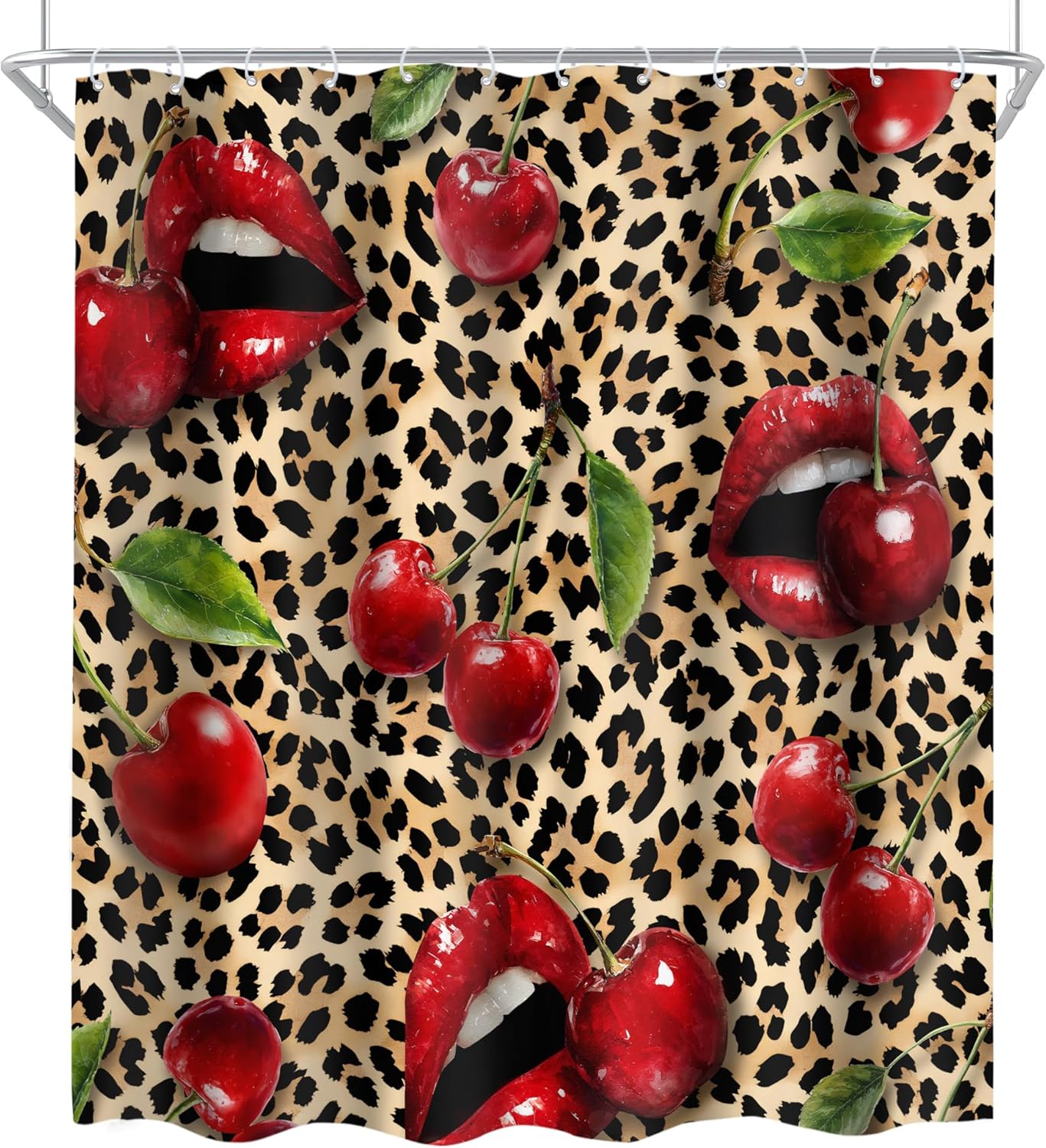 Cinbloo 4Pcs Leopard Print Shower Curtain Set, Red Cherry Lips Vintage Retro Wild Safar Skin Pattern Bathroom Curtain with Rug, Toilet Lid Cover, Bath Mat, Girly Sweet Shower Curtain with 12 Hooks