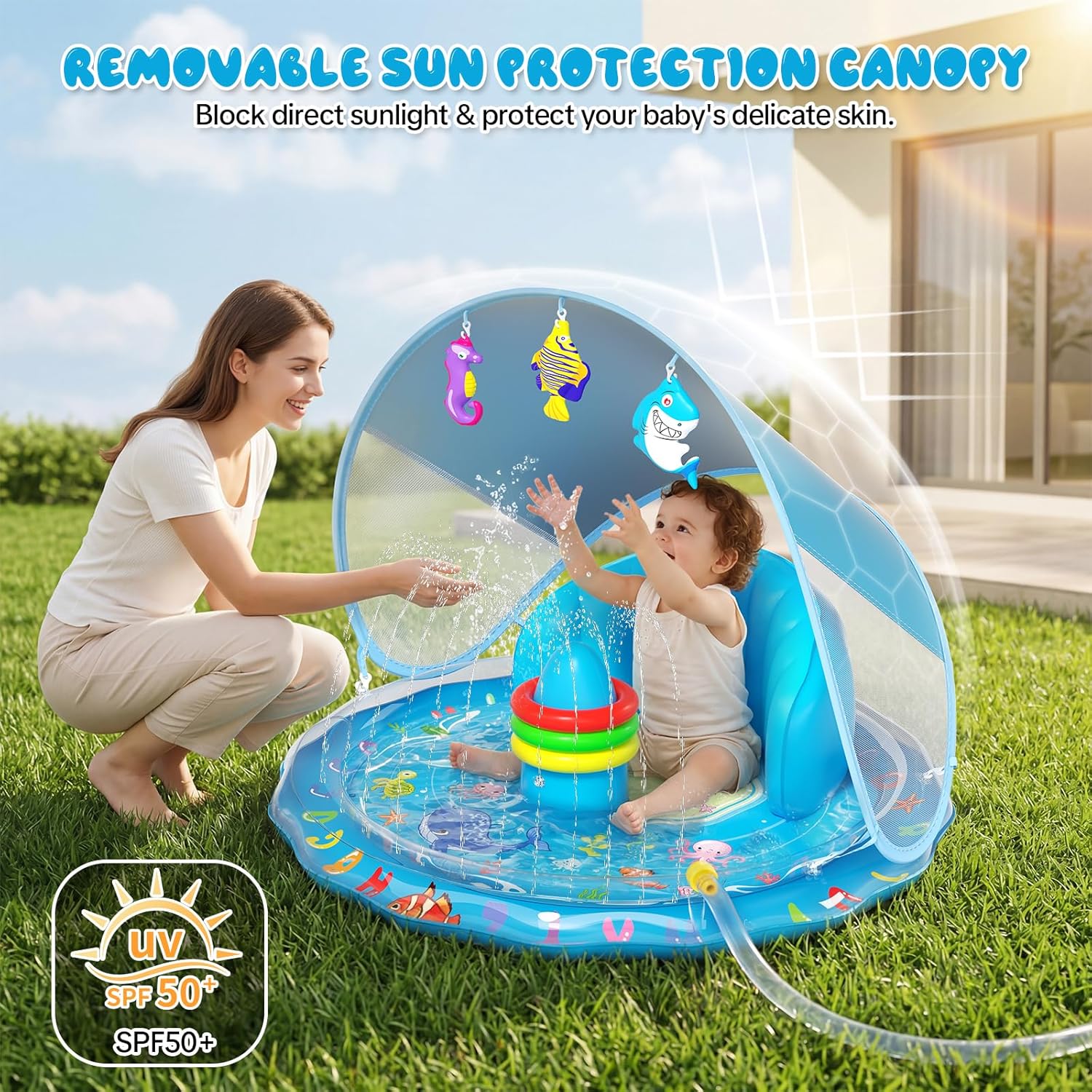 Baby Splash Pad with Canopy, Inflatable Baby Pool with Sprinkler, Stackable Rings & Hanging Toys, Water Sprinkler for Kids, Summer Outdoor Water Play Toys for Baby Toddlers