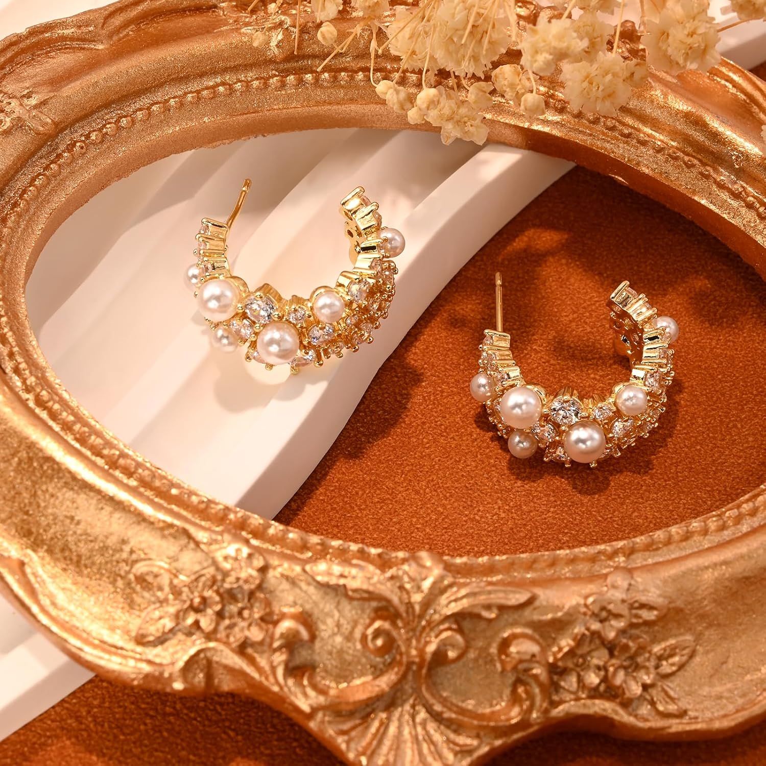 14K Gold Plated Pearl Hoop Cubic Zirconia Wedding Earrings for Bride and Bridesmaids White Pearl CZ Circle Earrings for Women - Image 6