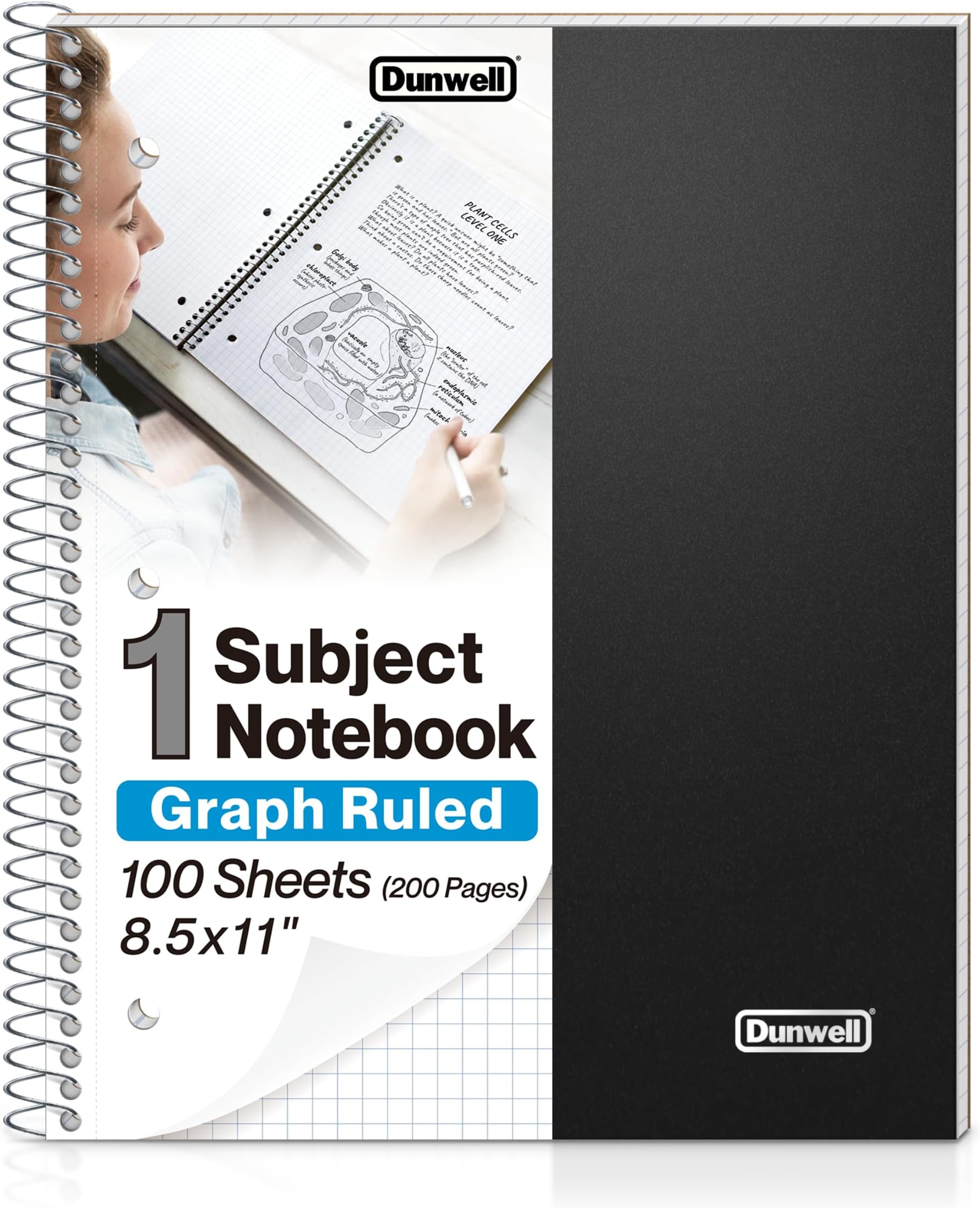 Dunwell Graph Paper Notebook 8.5 x 11 (Black) Plastic Cover, 100 Sheets (200 Pages), 4x4 Squares, 1 Subject Graph Paper Spiral Notebook, 1/4" Grid, Pocket Divider, Easy Tear-Off, 3-Hole Punched