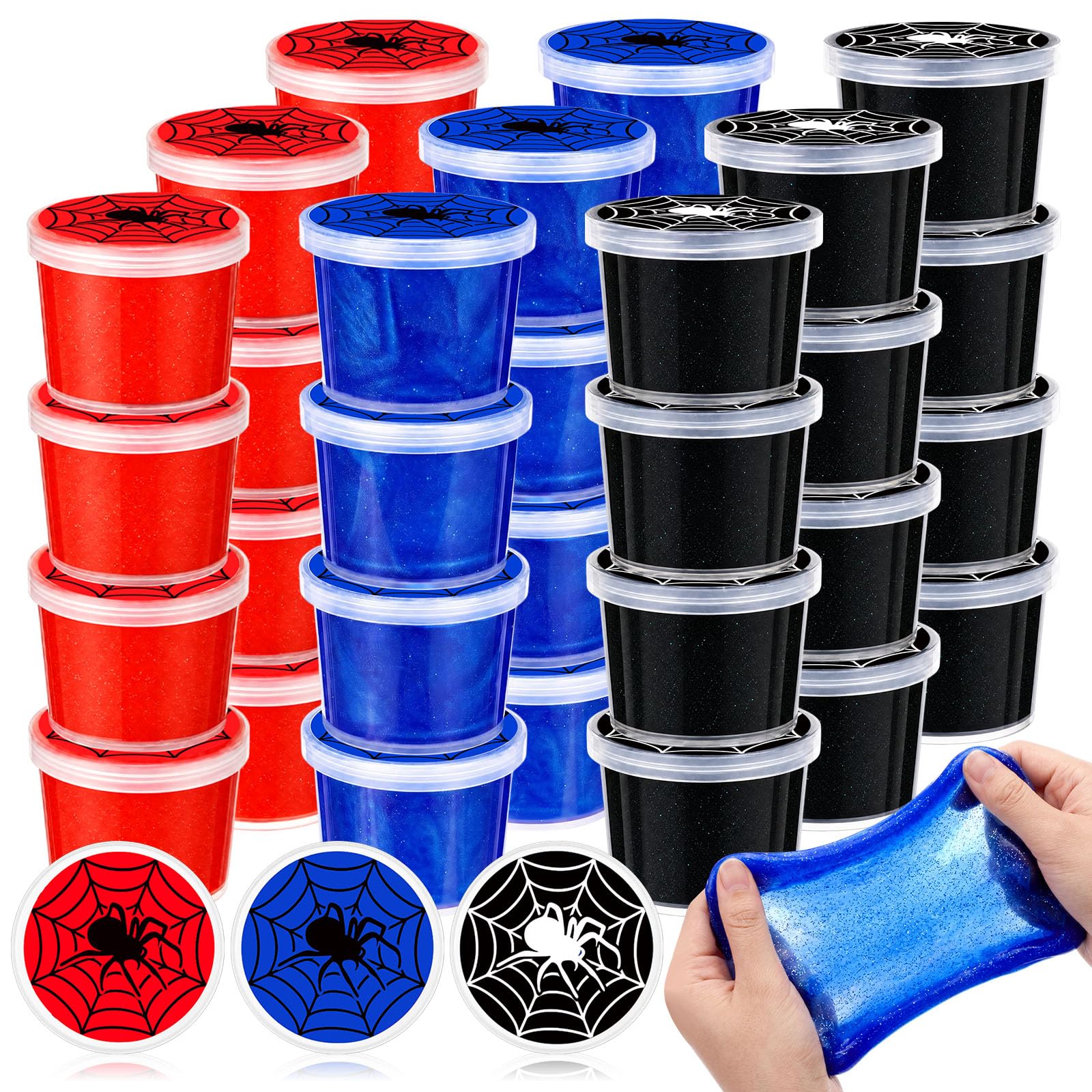Tasdurian 24 Pack Spider Web Party Favors Stretchy Butter Bulk, Red Blue Black Stress Relief Crystal Mud, Non Sticky Safe Birthday Goodie Bag Stuffers, DIY Craft for Reward Party Supplies