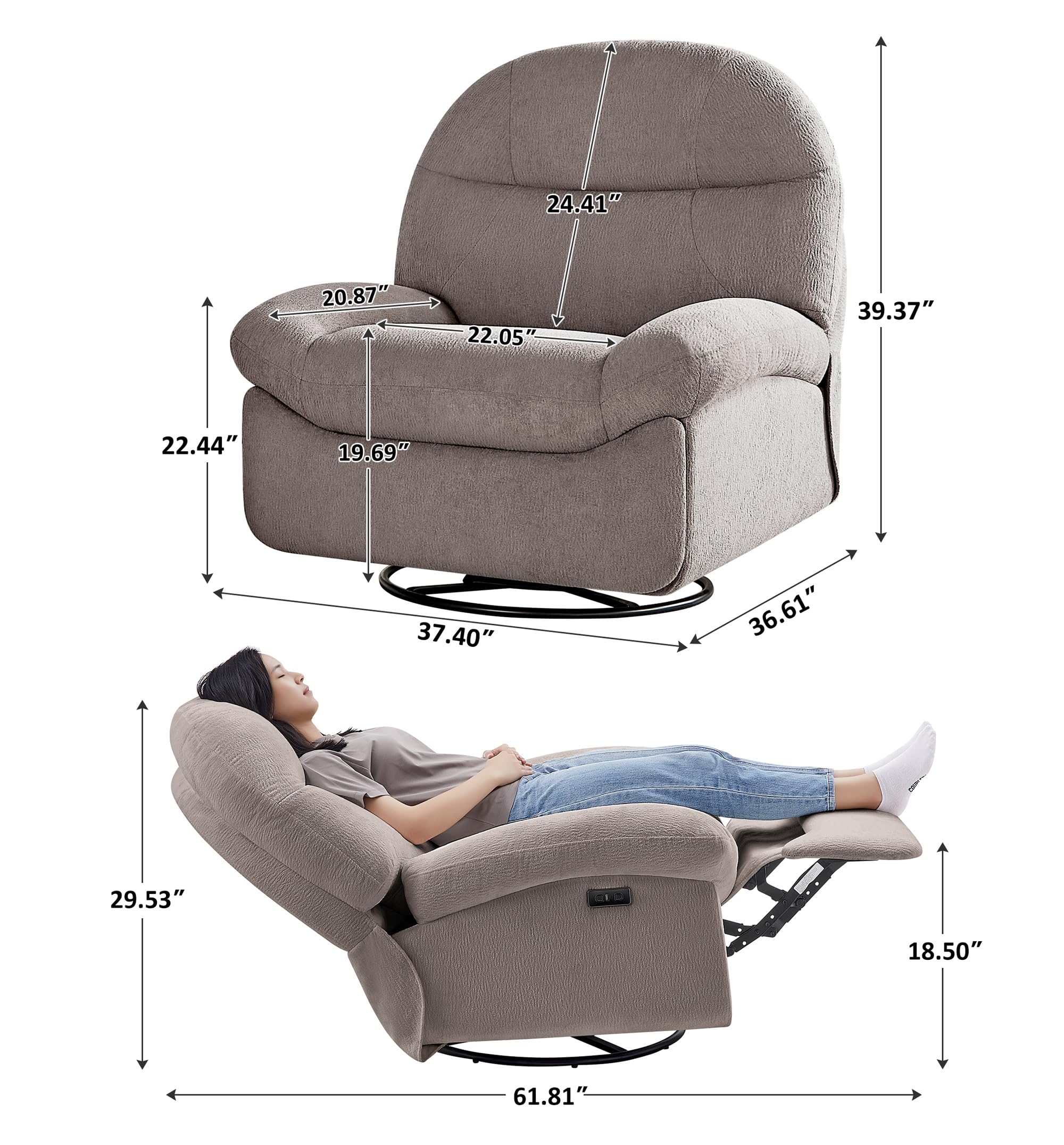 VANOMi Power Recliner Chair With USB & Type-C Charging - 270° Swivel Glider Rocker, Electric Recliner For Nursery, Living Room, Bedroom (Dark Gray) - View #6