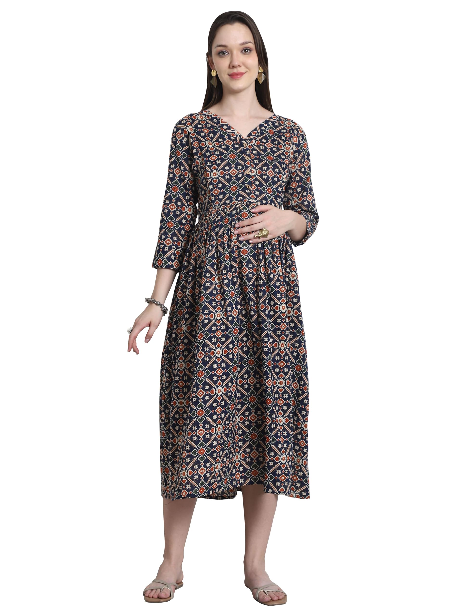 rajnandini Women's Cotton Jaipuri Jaipuri Printed Maternity Gown with Zipper for Women for Pre & Post Pregnancy & Easy Breastfeeding (JOPLJPR215-Navy Blue & Red-P)-picture-28