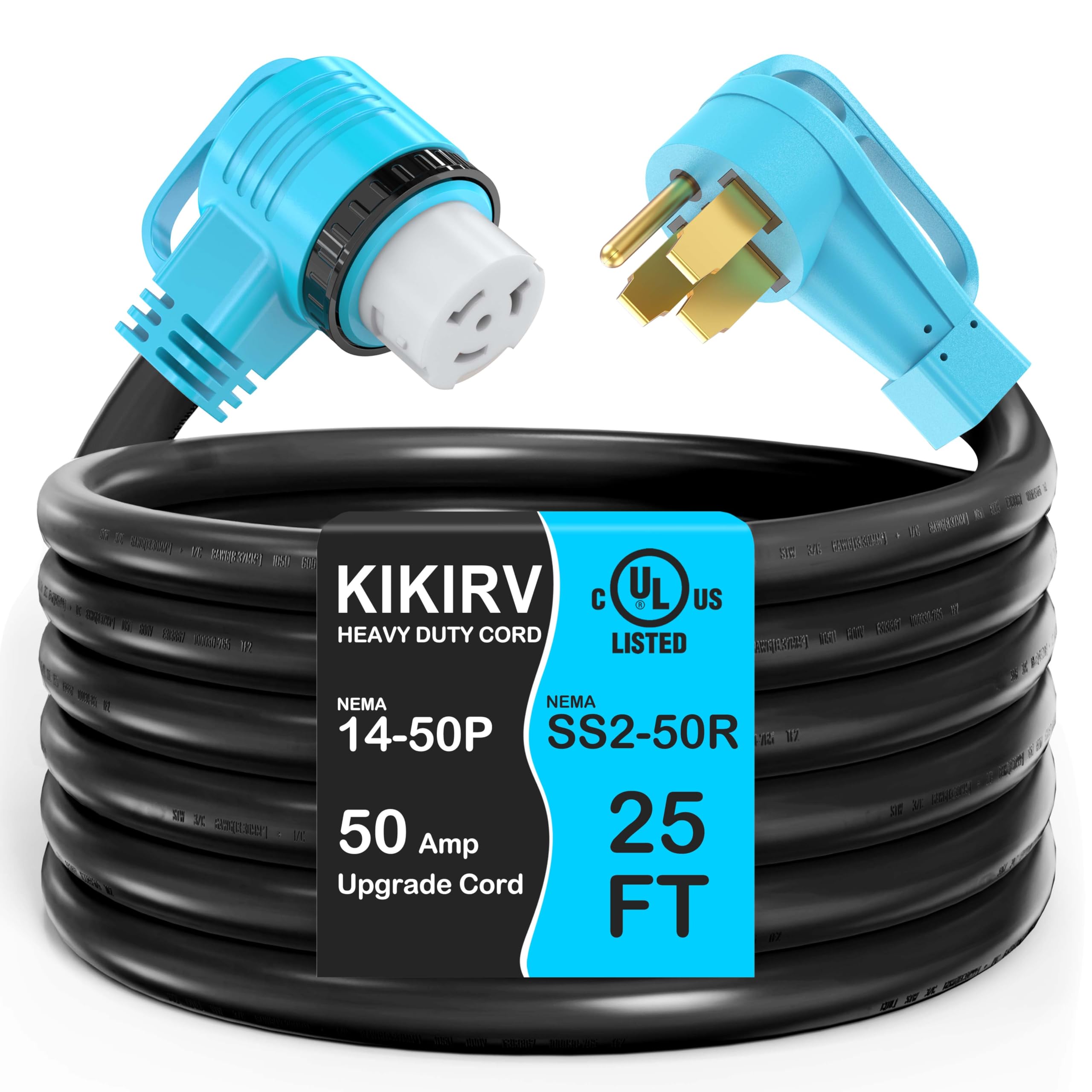 KIKIRV 25 Feet 50 Amp RV/Generator Cord, UL Listed, 100% Copper Wire, Newly Designed 90°Grip Handle, NEMA 14-50P to SS2-50R Twist Lock, 6/3+8/1 Gauge