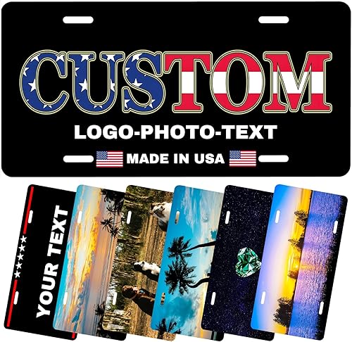 Fabricado en Estados Unidos placa de matrícula personalizada, añade tu texto, imagen, foto o logotipo, etiqueta frontal personalizada para garaje,