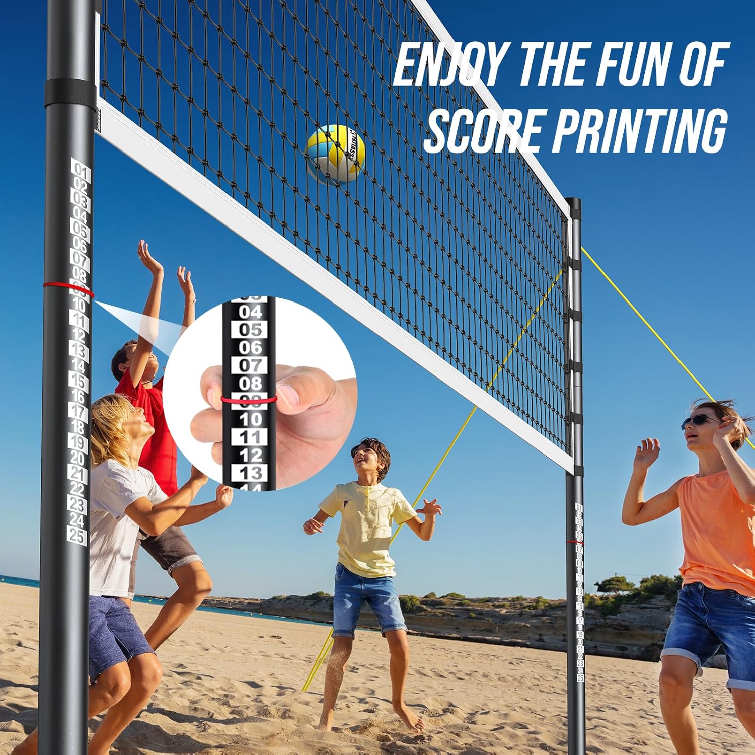 Outdoor Volleyball Net Set for Backyard & Beach, 32FT Regulation Size, Easy Setup Adjustable Height Poles, Portable Net System with PU Volleyball, Pump & Carry Bag