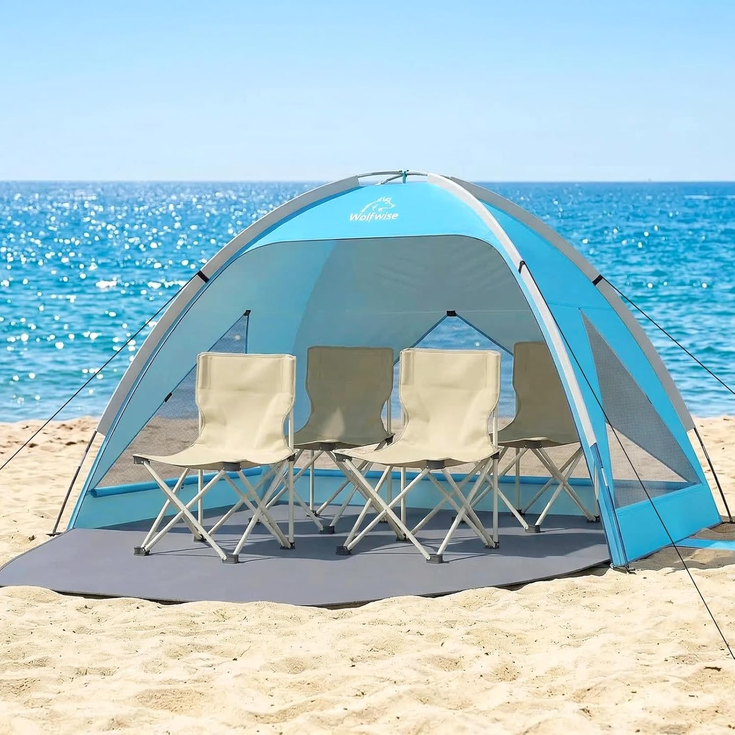 Wolfwise Beach Tent Sun Shelter for 4 Person with UPF 50+ UV Protection, Sun Shade Beach Tents with Extendable Floor for Privacy, 3 Ventilated Mesh Windows & Carrying Bag, 95 ''x65''x55'', Blue