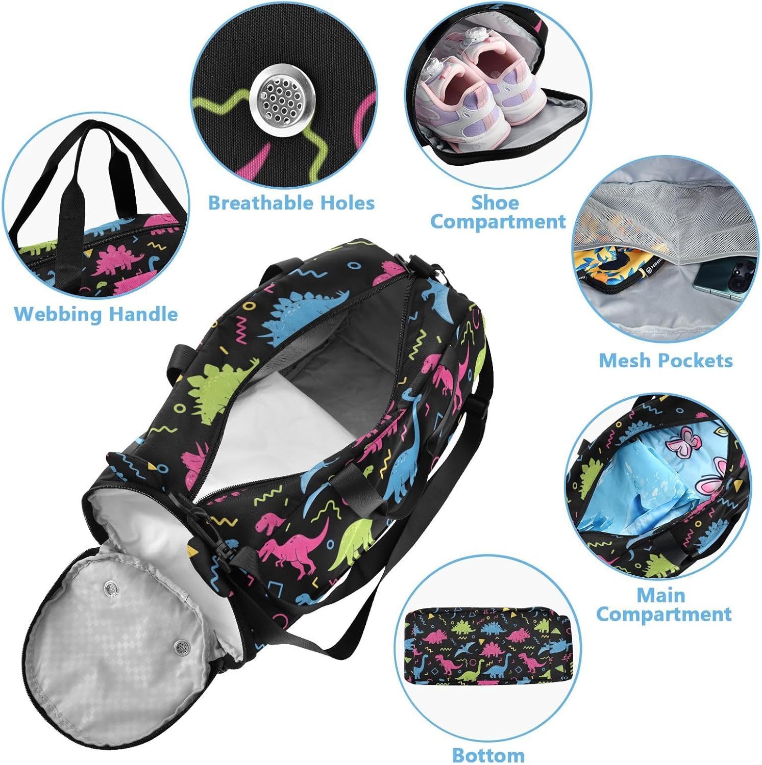 Kids Duffel Travel Bag Boys Girls Dinosaurs Black Print Dance Bag Sport Ballet Gym Overnight Cheer Tote with Shoe Compartment - Image 3