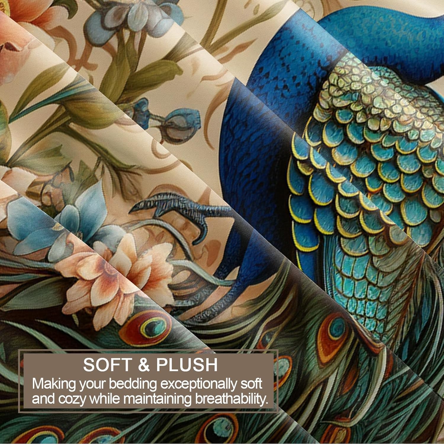 Phoenix Duvet Cover Oversized Queen, Beautiful Peacock Feather Bedding Set 3 Piece Bedroom Decor Vintage Flower Bird Comforter Cover and 2 Pillow Sham with Zipper Closure
