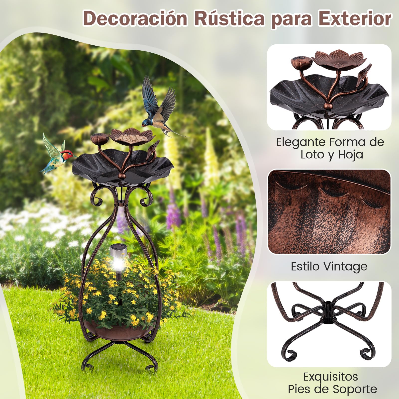 GYMAX Comedero Solar para Pájaros de Exterior, Bañera para Pájaros con Luz Solar LED, Jardinera Inferior de Flores, Marco Metálico, Bebedero Decorativo Vintaje para Ave (Bronce Antiguo)