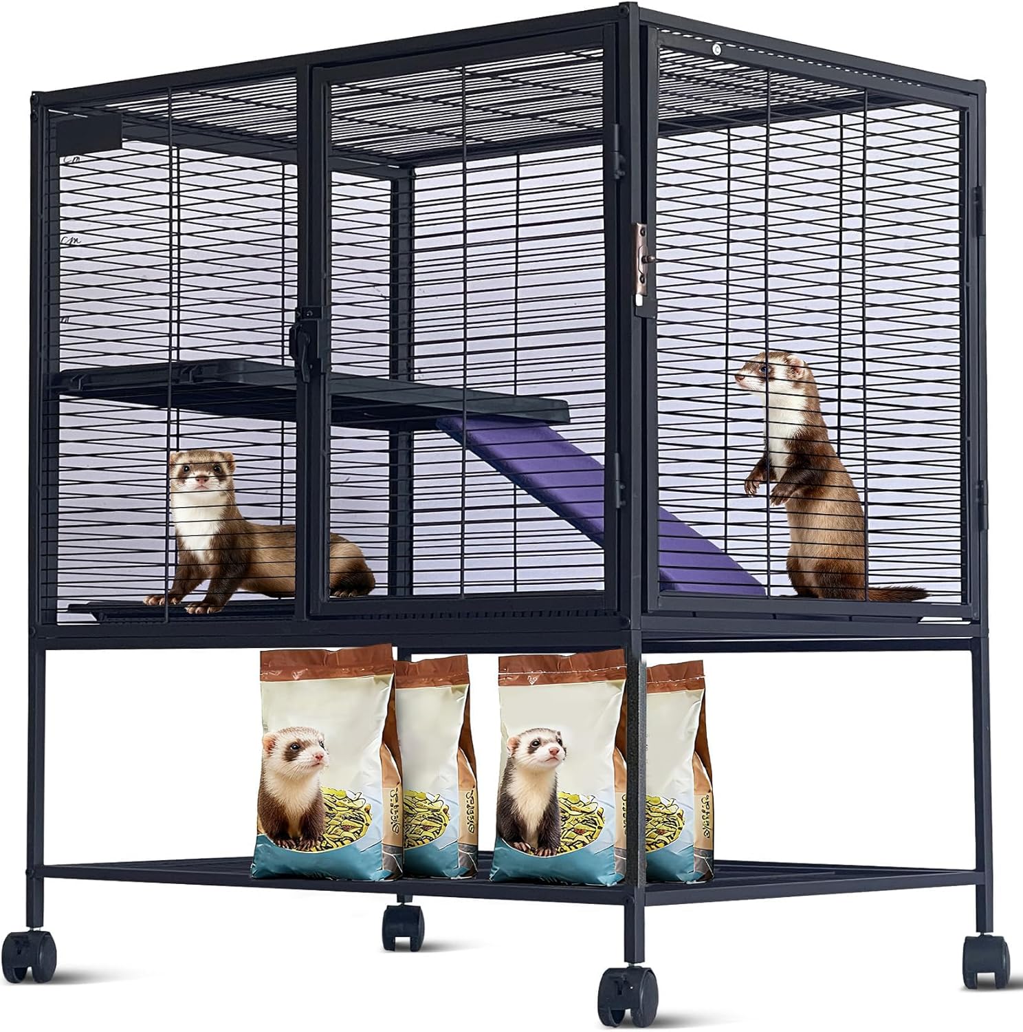 Multi-Level Ferret Cage 36" High - 4-Tier Small Animal Habitat with Removable Ramp, Tray, Hammock & Storage Stand, Lockable & Portable Enclosure