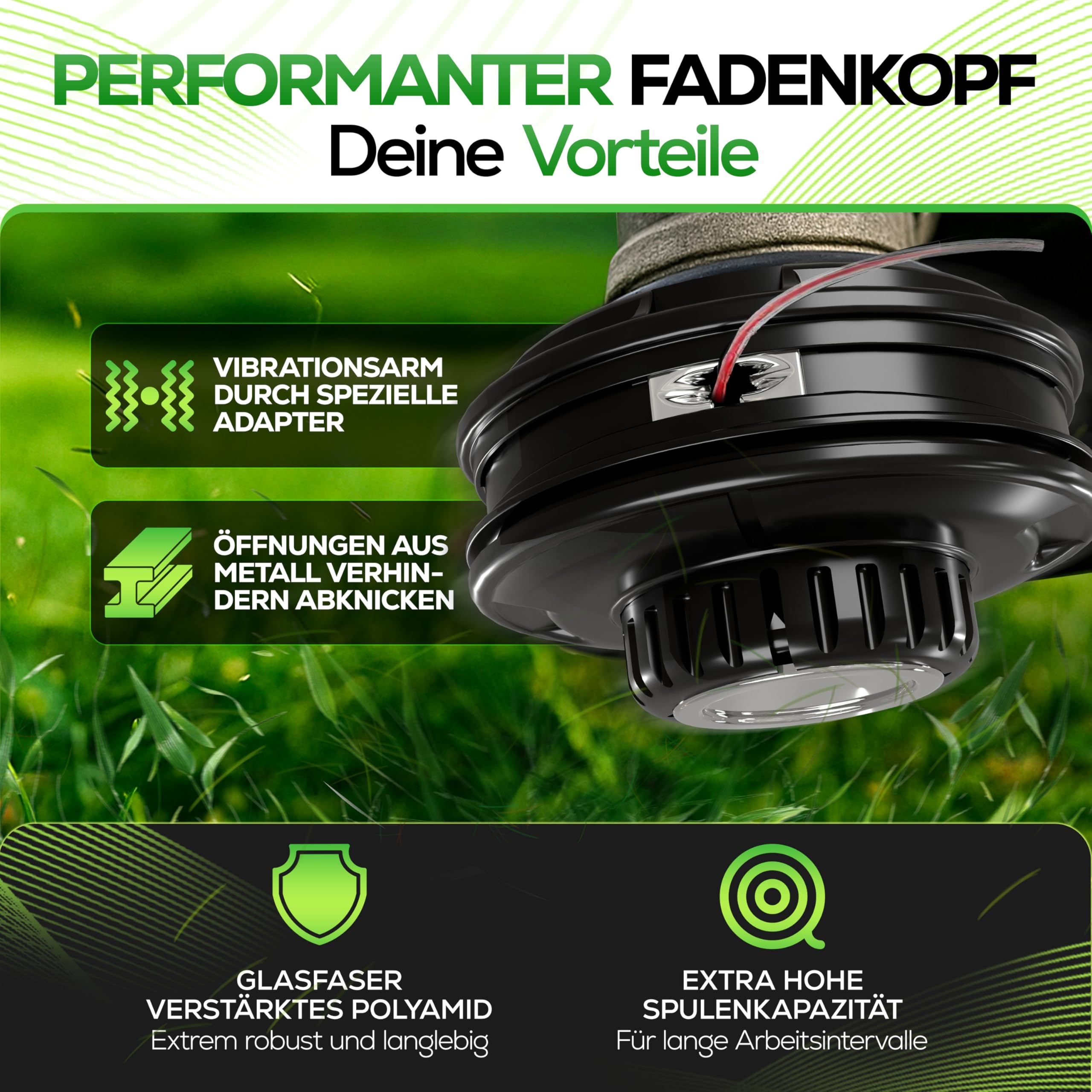 Heckenpracht® Fadenkopf für Motorsense mit Stahlknauf Linksgewinde | Trimmerkopf mit Tap & Go Funktion | Effizientes Rasenmähen mit Mähkopf für Freischneider - Fadenspule inkl. 5 Gewindeadapter