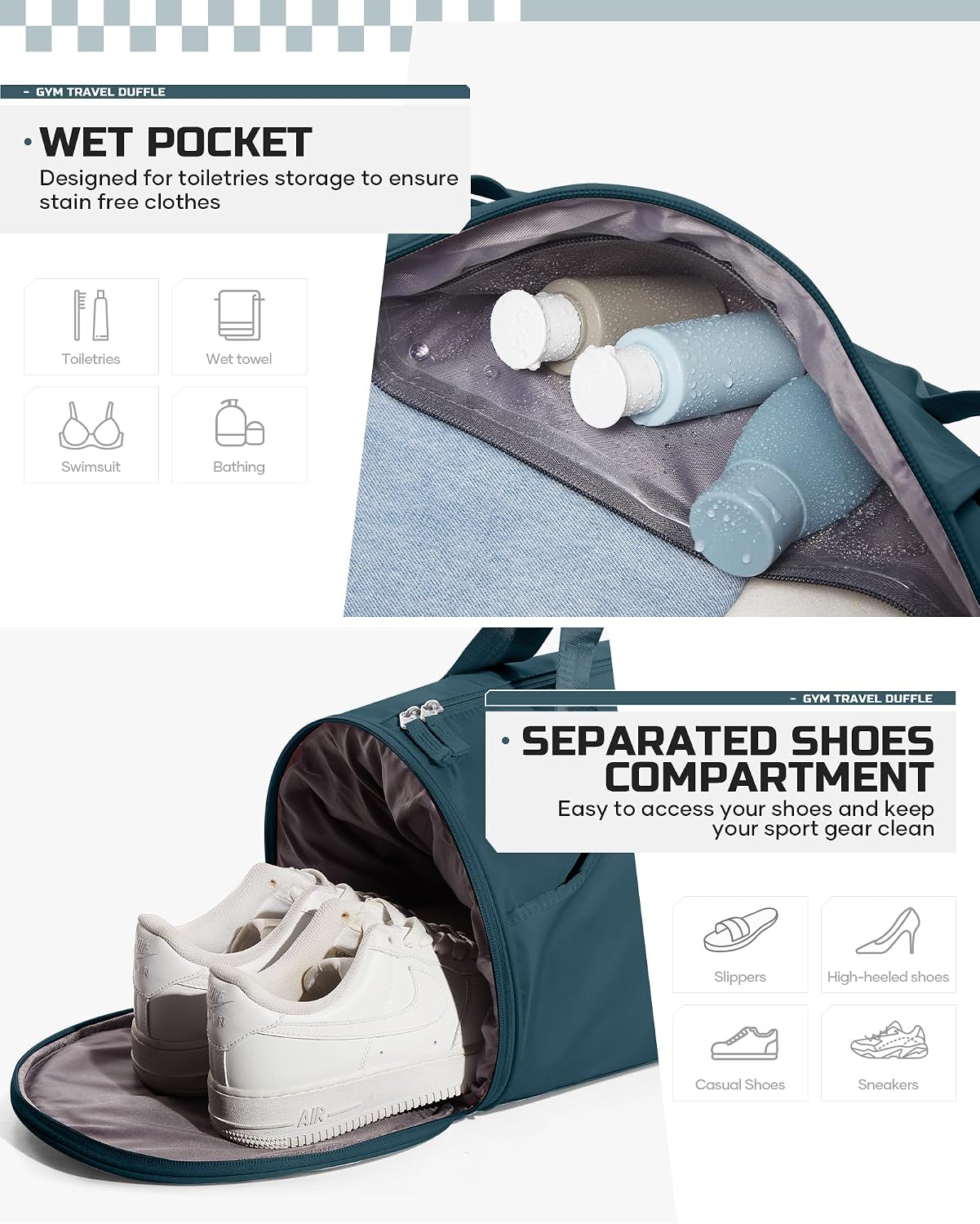Gym Bag for Women and Men With Wet & Shoe Compartment - Small Duffle for Travel, Sport, Workout, Overnight Weekender - Carry-on Tote - Peacock Blue