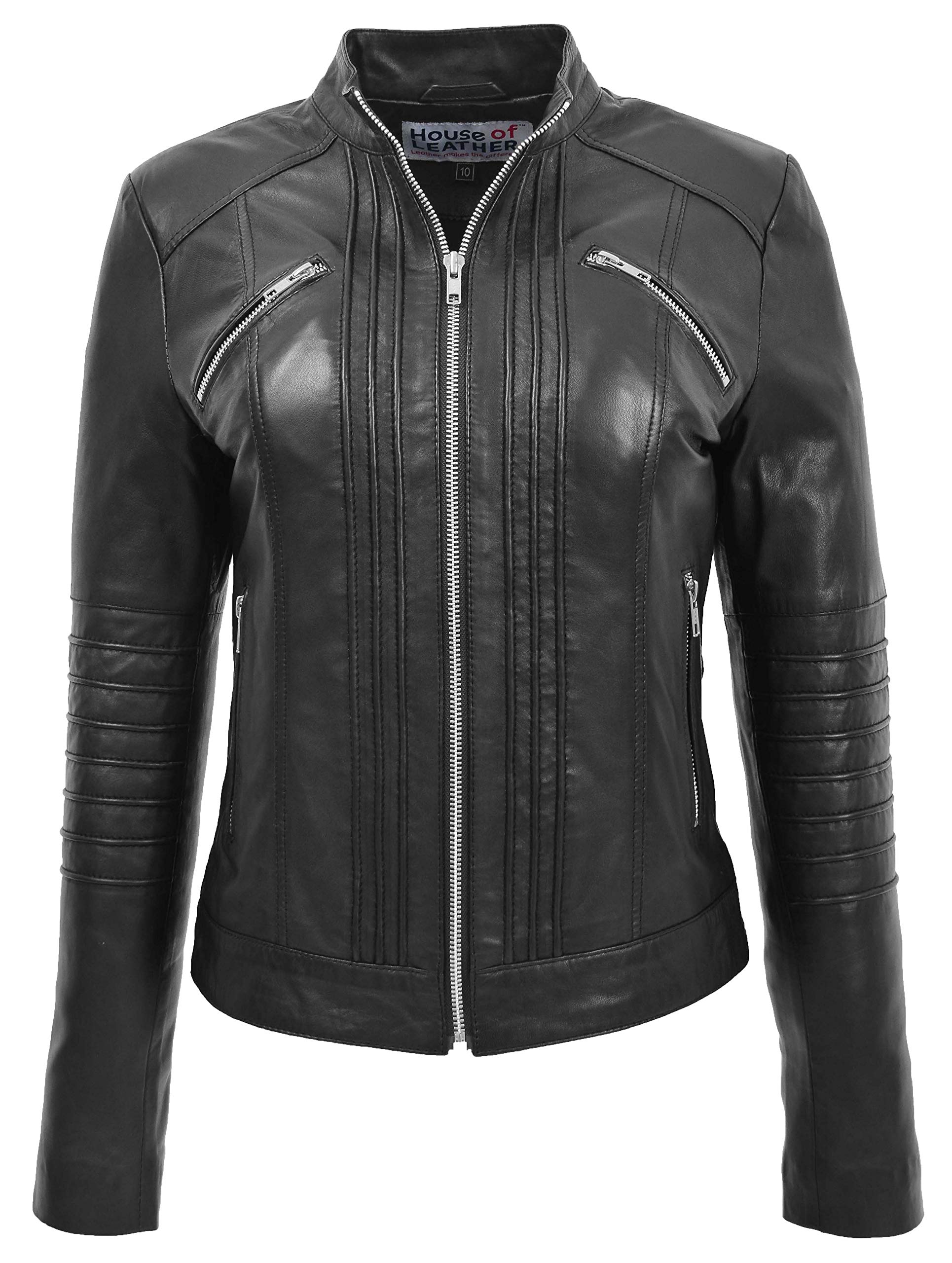 Womens Real Leather Biker Style Classic Jacket Alice (8, Black)