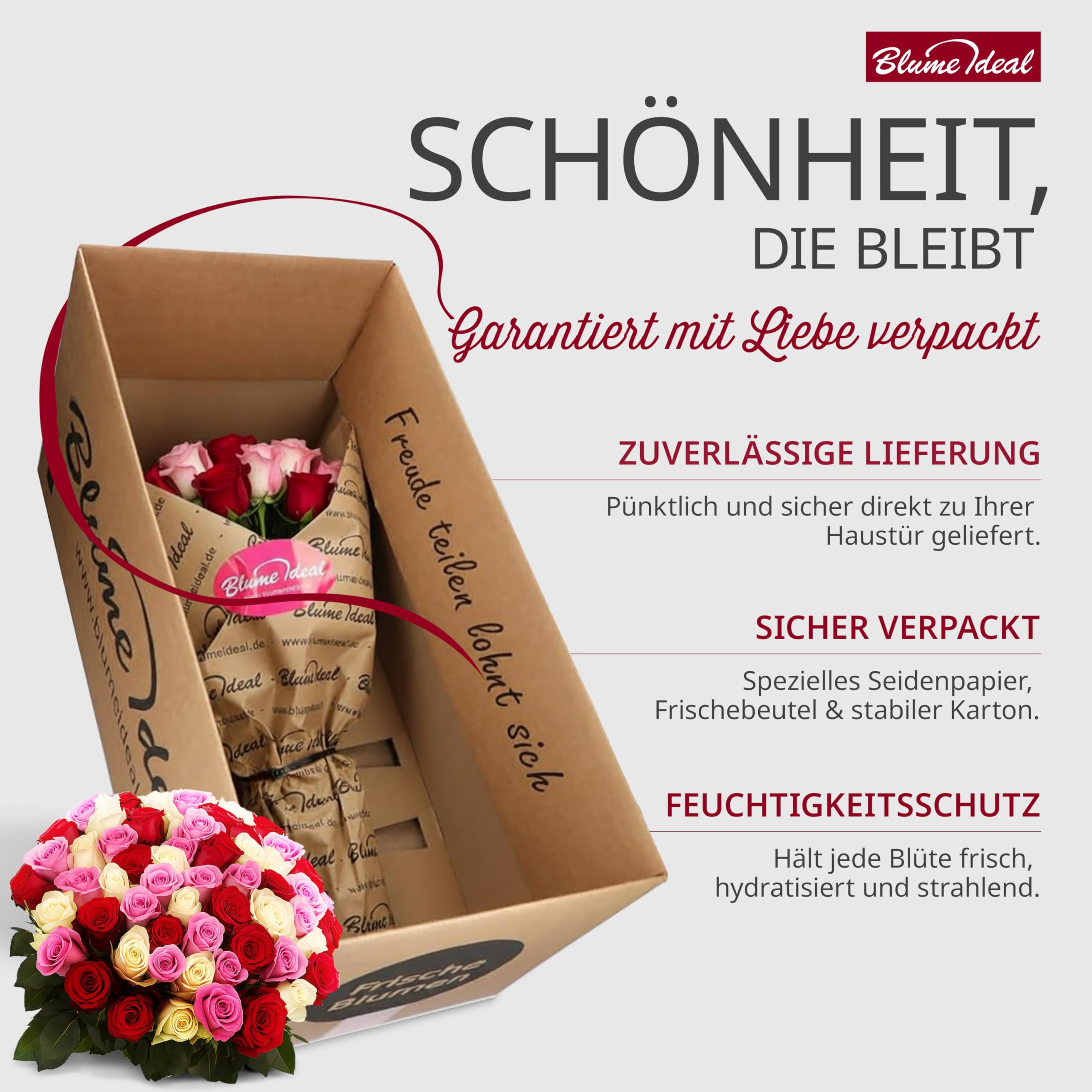 Blume Ideal Rosenstrauß - 40 Rosen - Rot - Ø 40–50 cm - Echte premium Blumen für Hochzeit & Deko - 7 Tage Frischegarantie - in verschiedenen Farben und Mengen