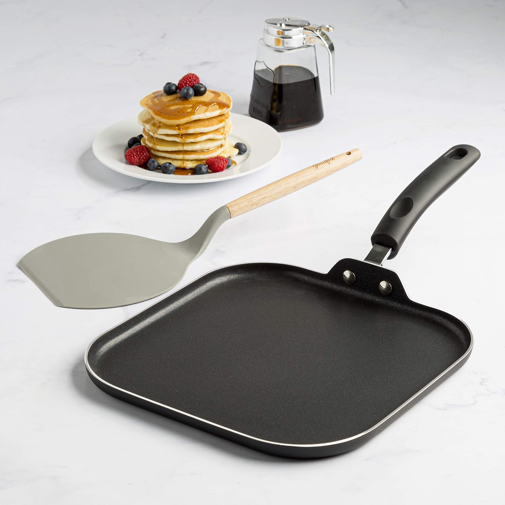 Goodful Aluminum Non-Stick Square Griddle Pan/Flat Grill, Made Without  PFOA, with Nylon Pancake Turner, Dishwasher Safe Cookware, 11 x 11,  Charcoal