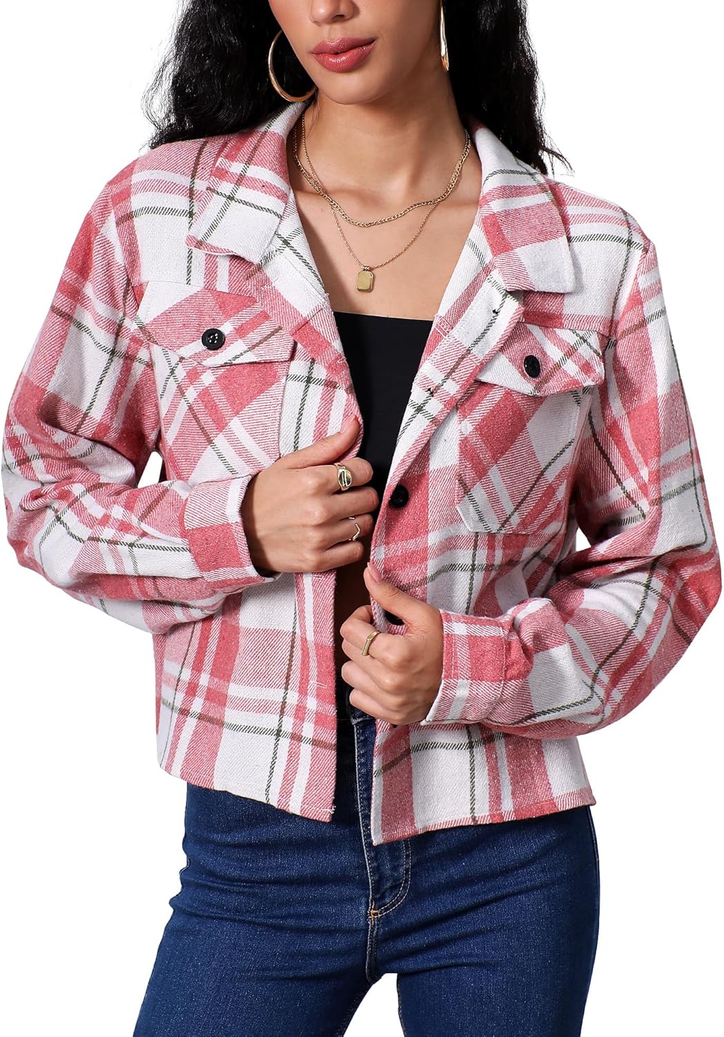 Shawnda Women's Flannel Shacket Cropped Jacket Fashion Plaid Button Down Shirt Jacket Tops - Image 6