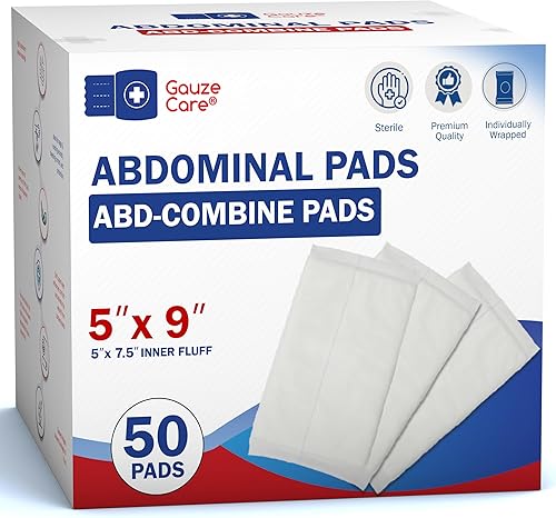 GauzeCare Almohadillas Abdominales Estériles - Compresas Combinadas ABD Paquete de 50, 5 x 9 Pulgadas Extra Absorbentes y Gruesas, Apósito para