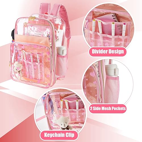 Miniatura 3 de Eccliy Mochila estética transparente de 3 piezas para niños, mochila escolar para niñas y niños, mochila transparente con bolsa de almuerzo, Rosado,