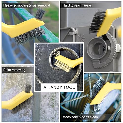 Miniatura 14 de Juego de 3 cepillos de alambre, cerdas de nailon/latón/acero inoxidable con mango curvado para óxido, suciedad y limpieza profunda, 7 pulgadas (rojo)