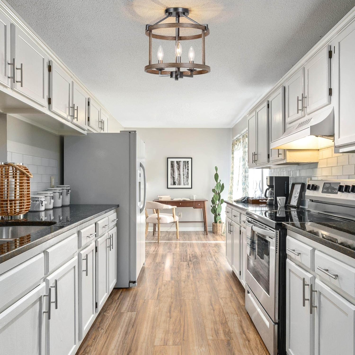 LALUZ Faux Wood Farmhouse Semi Flush Mount Ceiling Light Fixture for Bedroom, Hallway, Kitchen, Dining & Living Room and Foyer