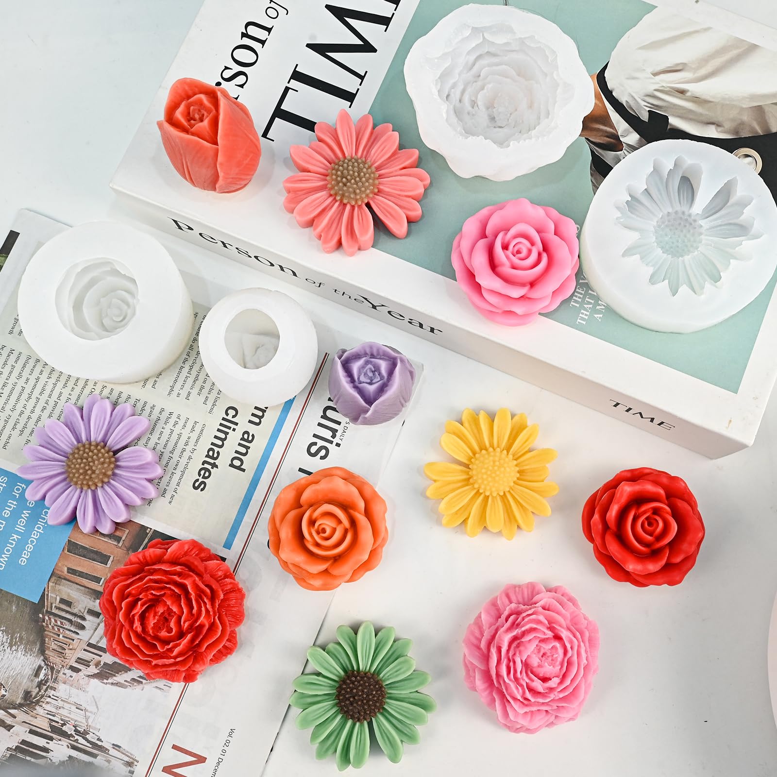 Juego de 4 moldes de silicona para flores, moldes de silicona florales 3D con margaritas, peonías, rosas, tulipanes, fácil liberación, ideal para velas de bricolaje, jabón, regalos de fundición de